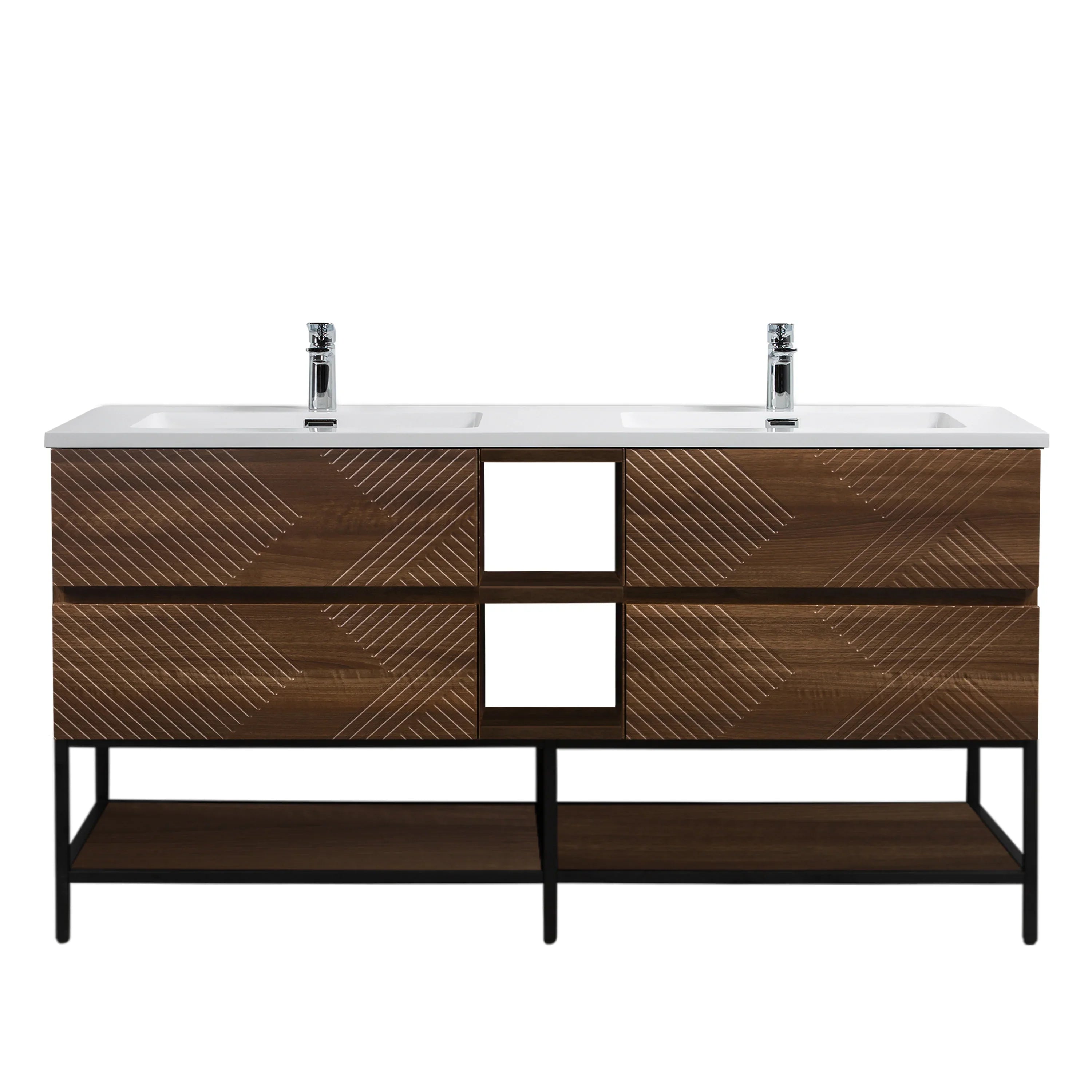 72" Walnut Wall Mount Double Sink Bathroom Vanity with White Polymarble Countertop-Migration_Bathroom Vanities-DECOROLALA