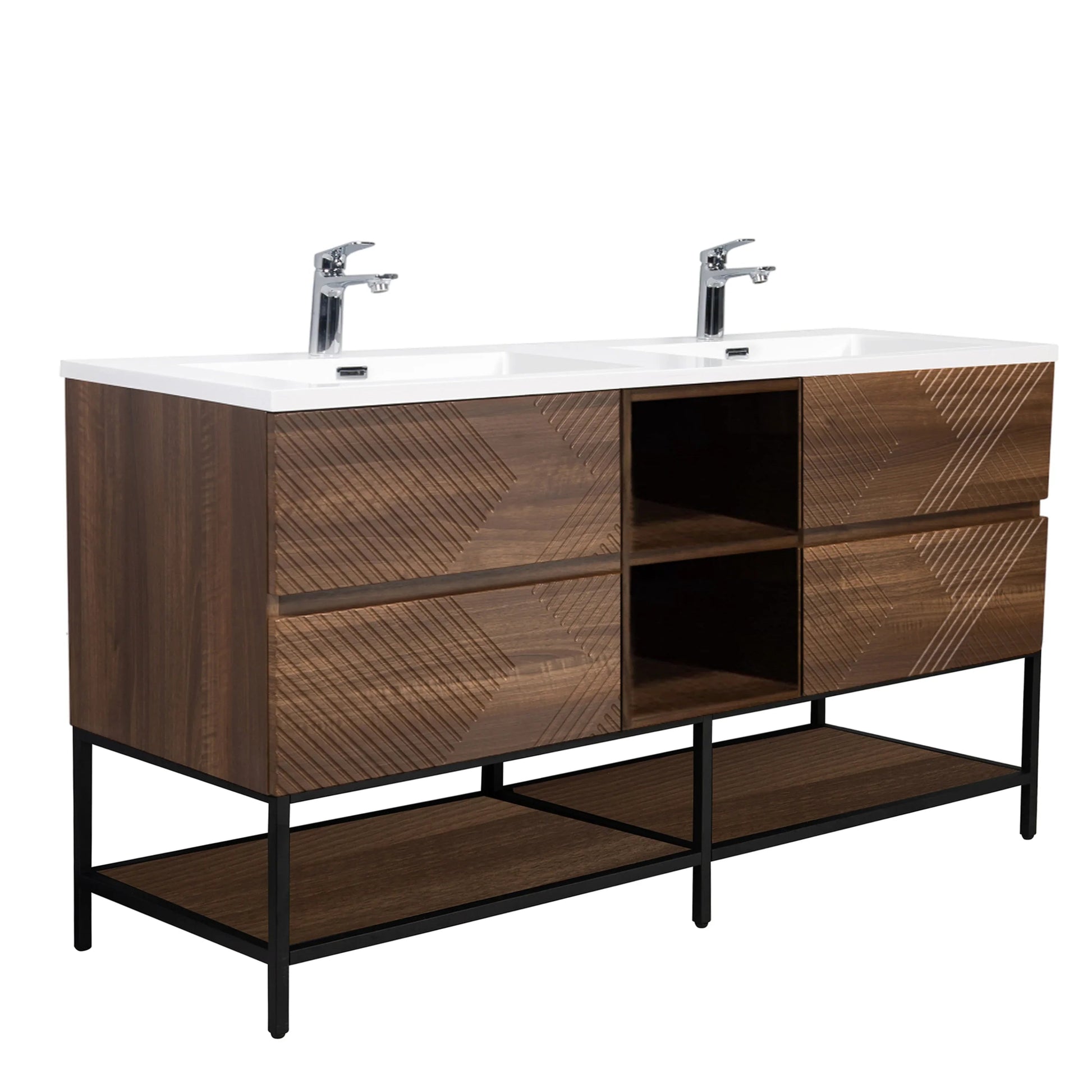 72" Walnut Wall Mount Double Sink Bathroom Vanity with White Polymarble Countertop-Migration_Bathroom Vanities-DECOROLALA