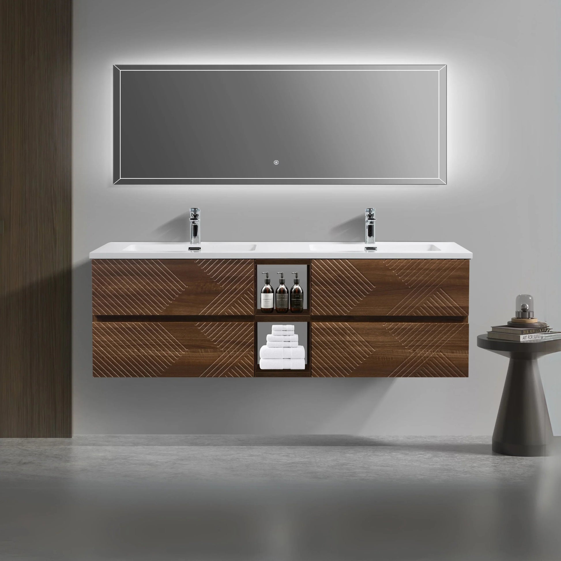 72" Walnut Wall Mount Double Sink Bathroom Vanity with White Polymarble Countertop-Migration_Bathroom Vanities-DECOROLALA