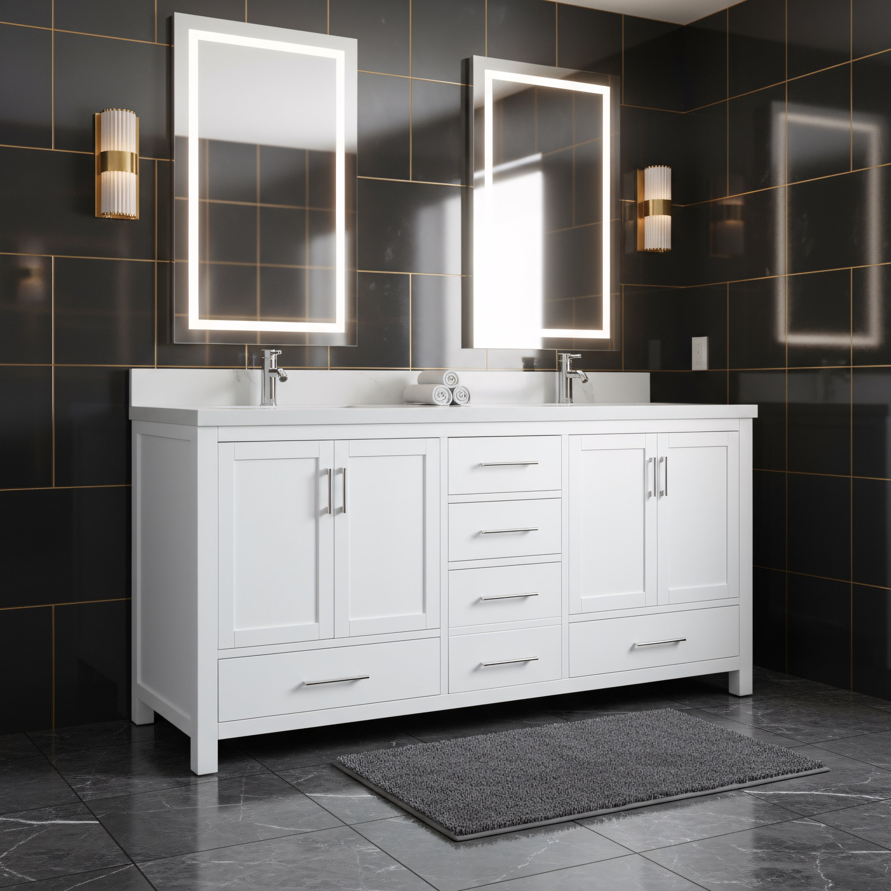 72" White Freestanding Double Sink Bathroom Vanity with Engineered Calcutta Marble-Migration_Bathroom Vanities-DECOROLALA