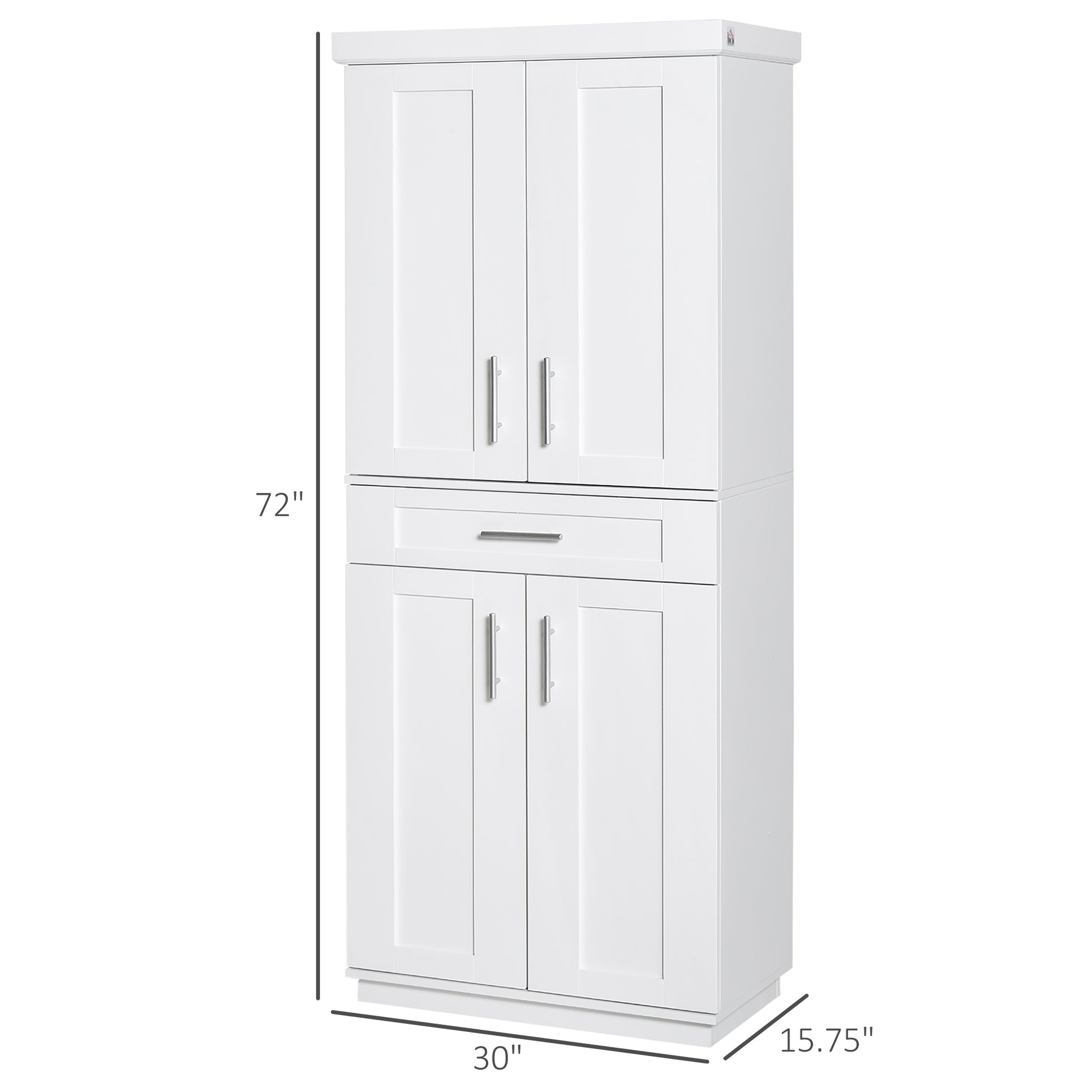 72" White Kitchen Pantry Cabinet with 4 Doors, Drawer, 3 Shelves-DECOROLALA