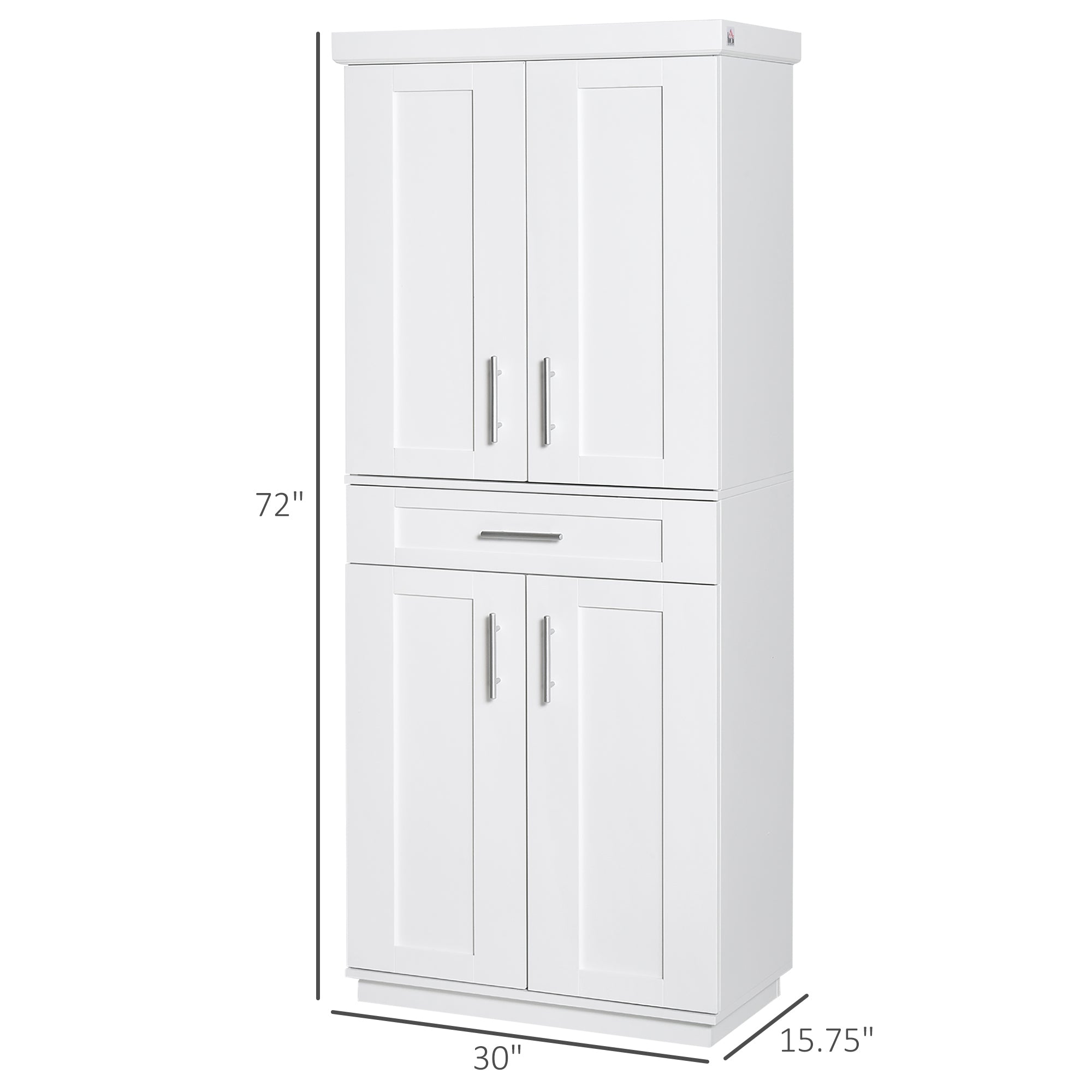 72" White Kitchen Pantry Cabinet with 4 Doors, Drawer, 3 Shelves-DECOROLALA