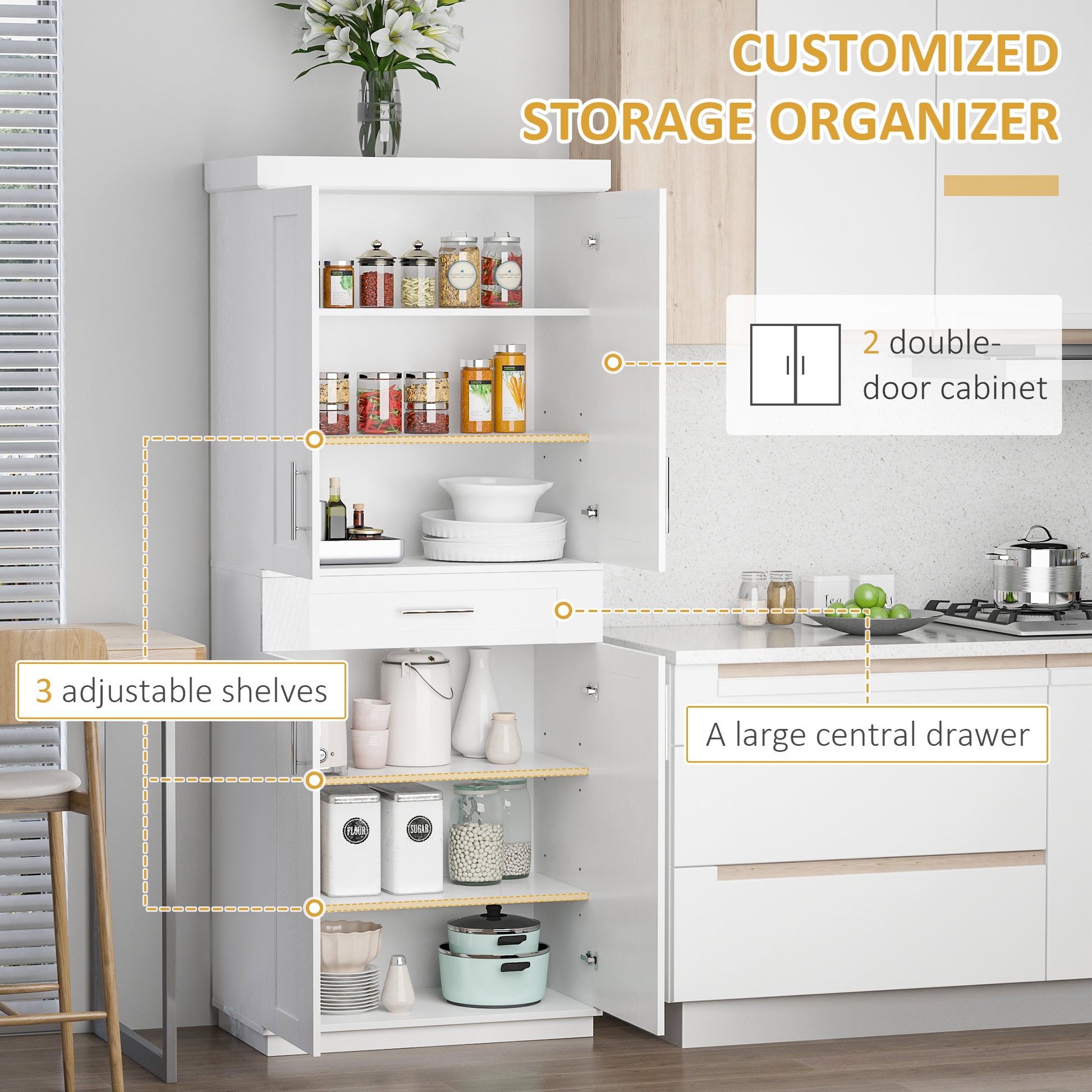 72" White Kitchen Pantry Cabinet with 4 Doors, Drawer, 3 Shelves-DECOROLALA