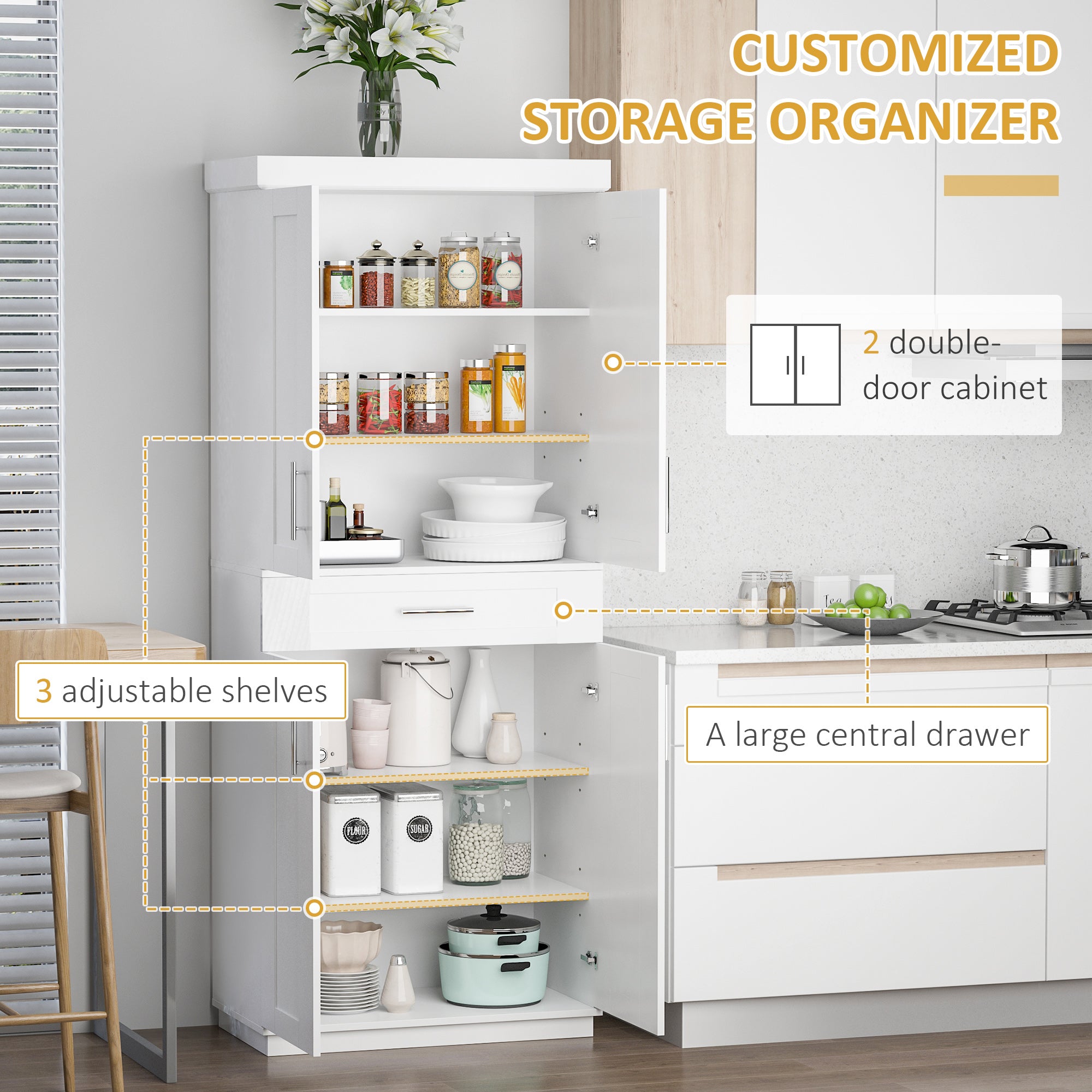 72" White Kitchen Pantry Cabinet with 4 Doors, Drawer, 3 Shelves-DECOROLALA