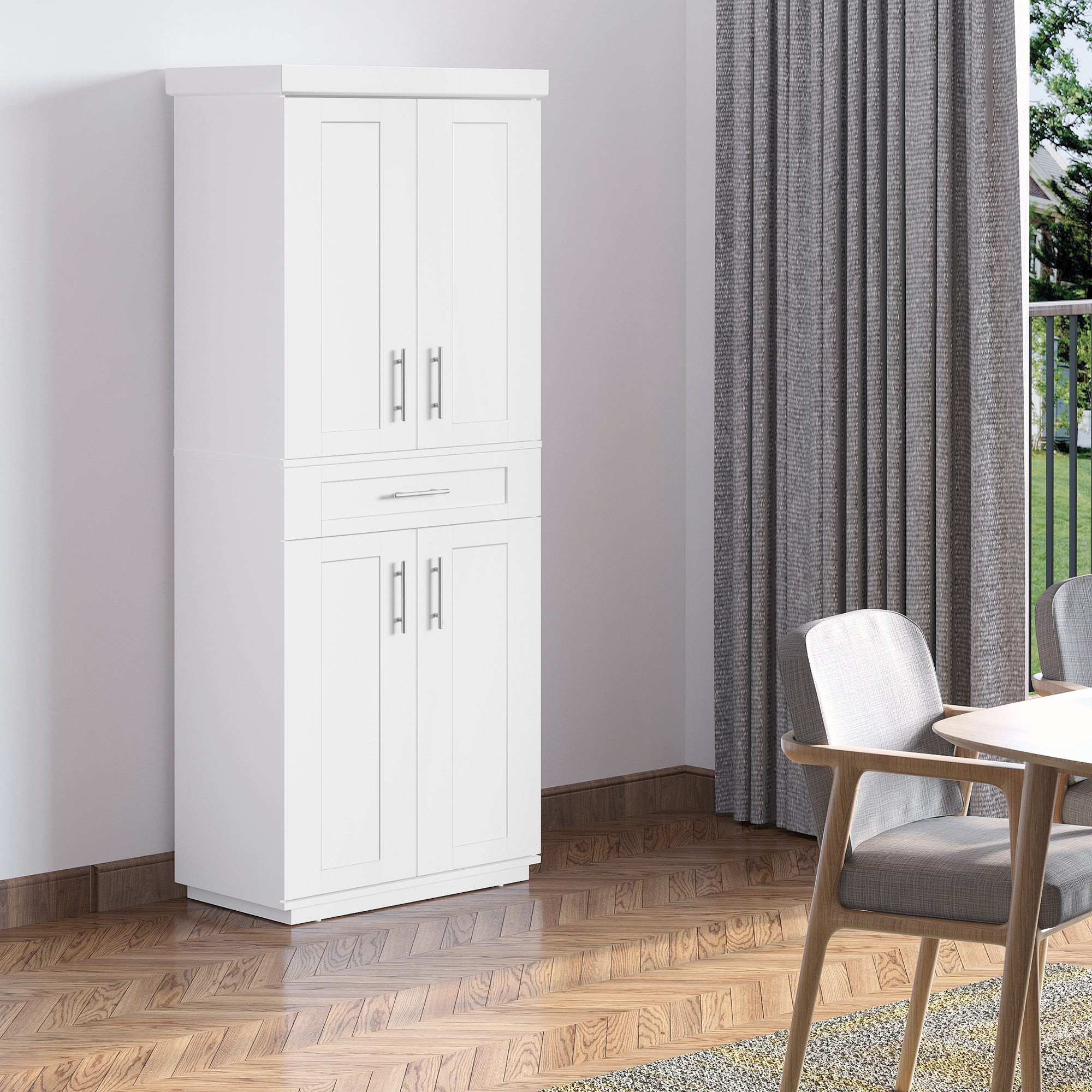 72" White Kitchen Pantry Cabinet with 4 Doors, Drawer, 3 Shelves-DECOROLALA