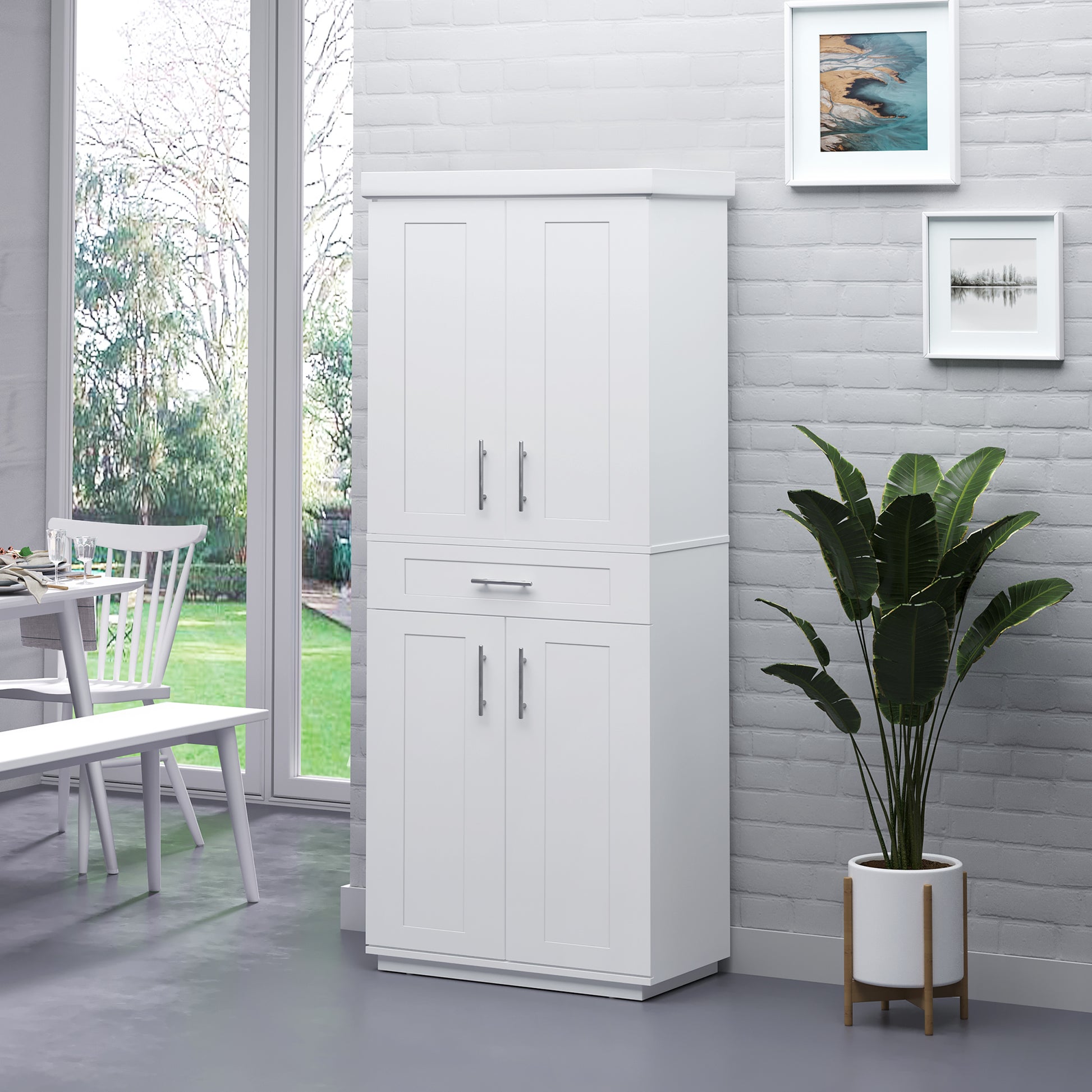72" White Kitchen Pantry Cabinet with 4 Doors, Drawer, 3 Shelves-DECOROLALA