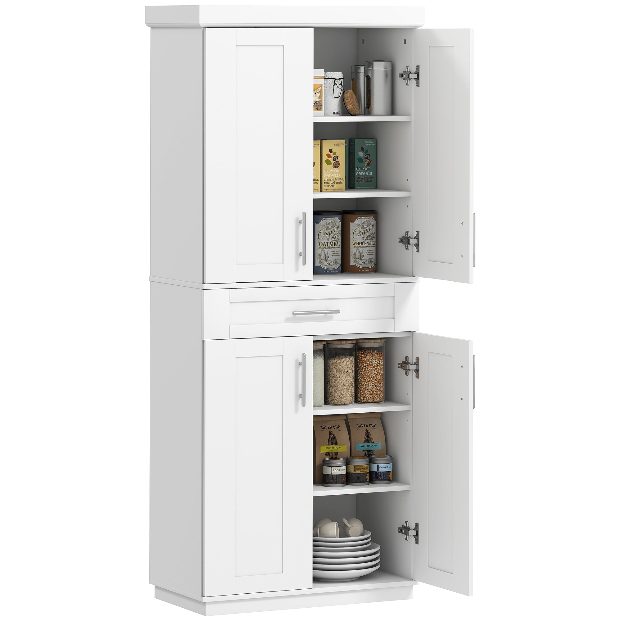72" White Kitchen Pantry Cabinet with 4 Doors, Drawer, 3 Shelves-DECOROLALA