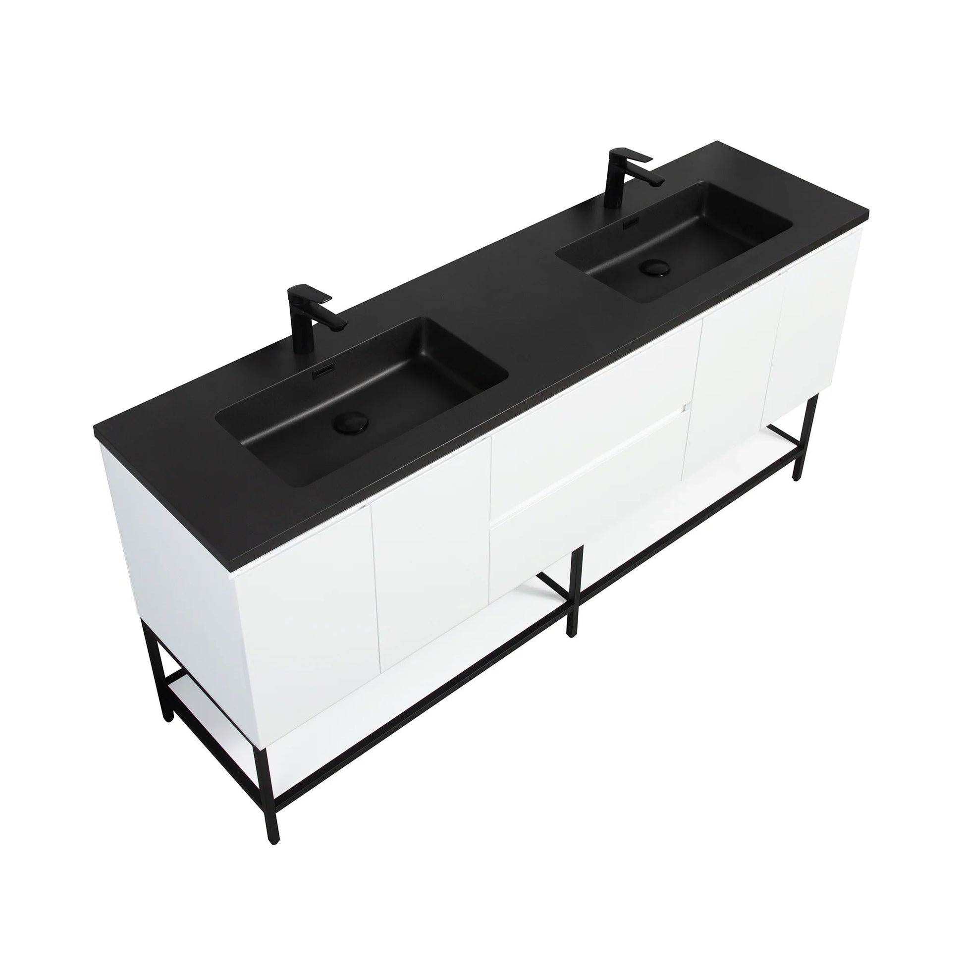 72" White Wall Mount Double Sink Bathroom Vanity with Black Engineered Quartz Countertop-Migration_Bathroom Vanities-DECOROLALA