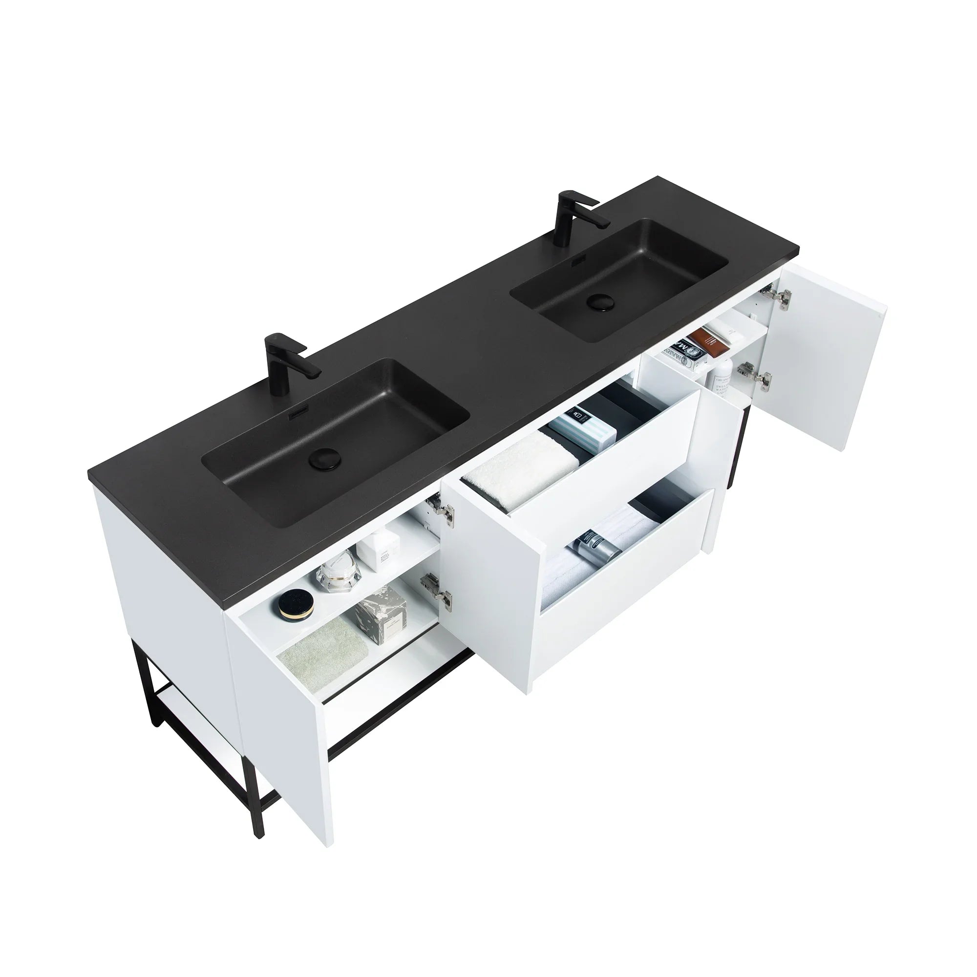 72" White Wall Mount Double Sink Bathroom Vanity with Black Engineered Quartz Countertop-Migration_Bathroom Vanities-DECOROLALA