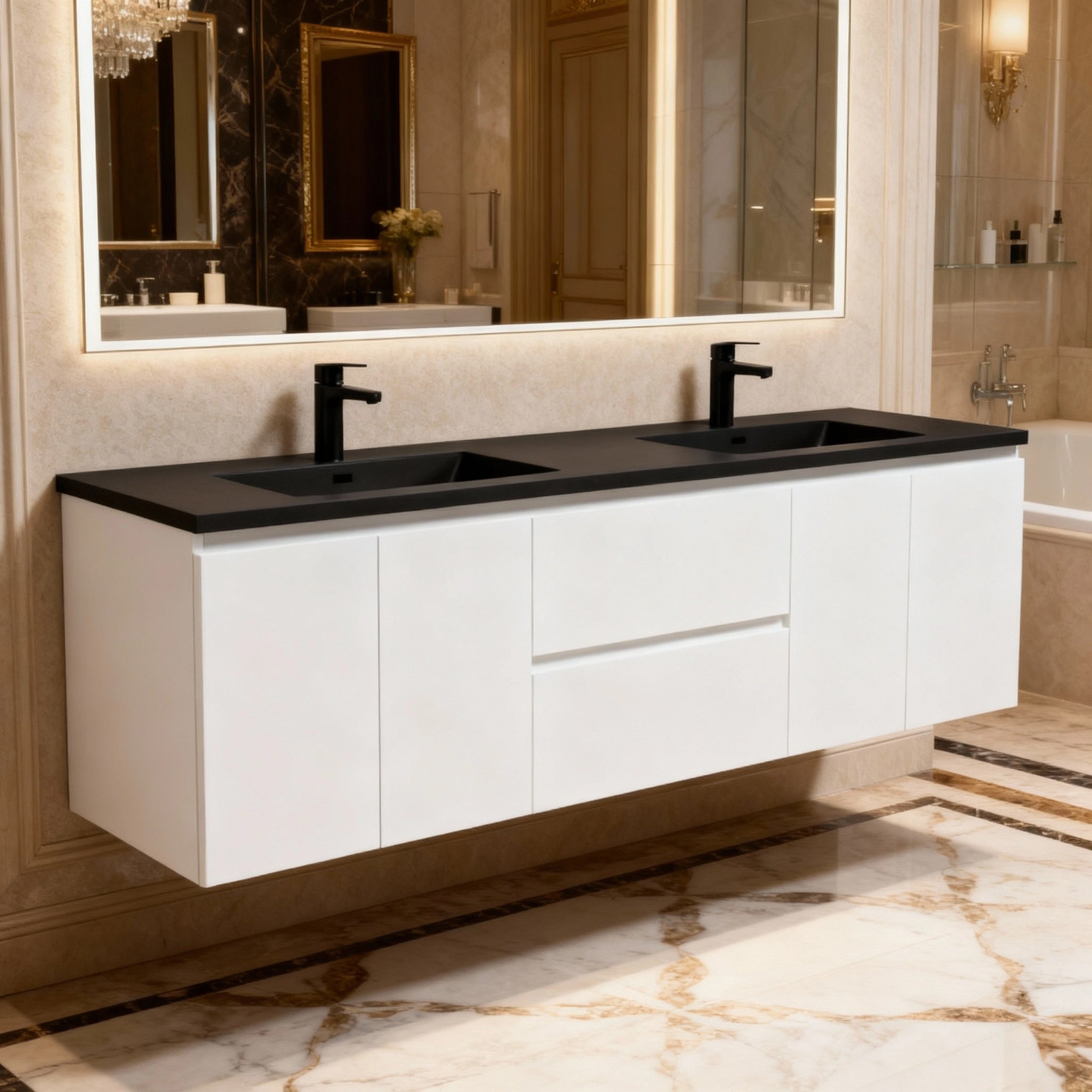 72" White Wall Mount Double Sink Bathroom Vanity with Black Engineered Quartz Countertop-Migration_Bathroom Vanities-DECOROLALA