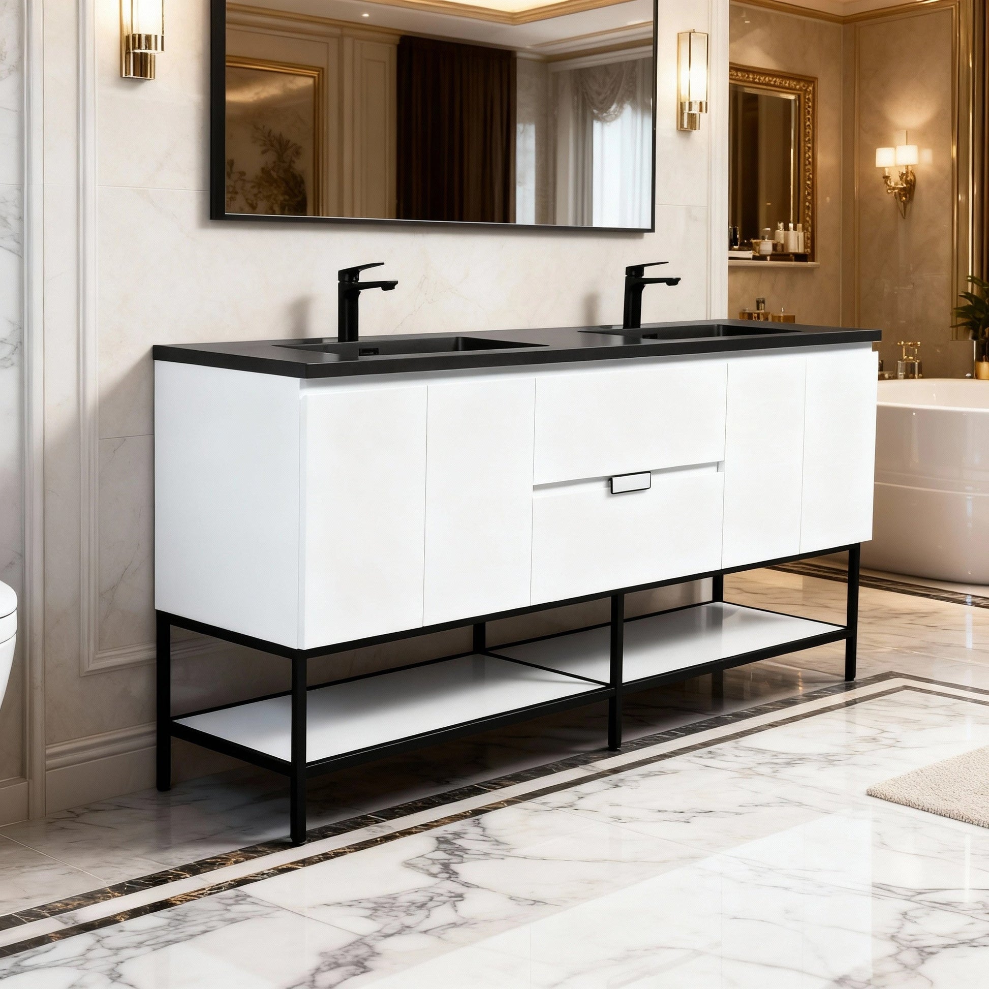 72" White Wall Mount Double Sink Bathroom Vanity with Black Engineered Quartz Countertop-Migration_Bathroom Vanities-DECOROLALA