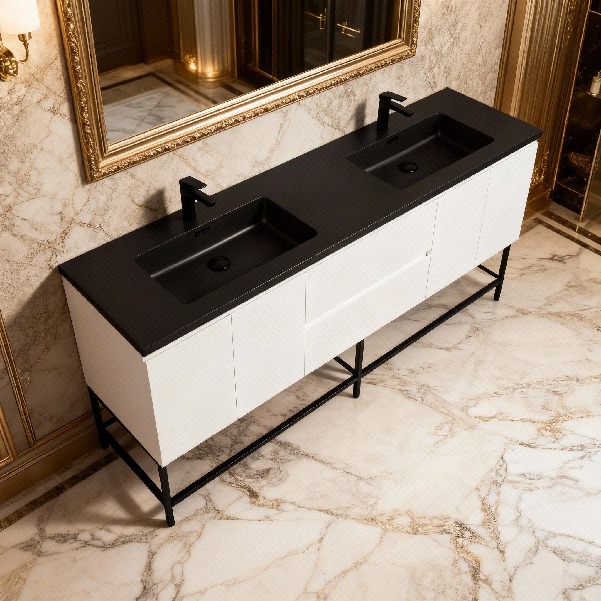 72" White Wall Mount Double Sink Bathroom Vanity with Black Engineered Quartz Countertop-Migration_Bathroom Vanities-DECOROLALA
