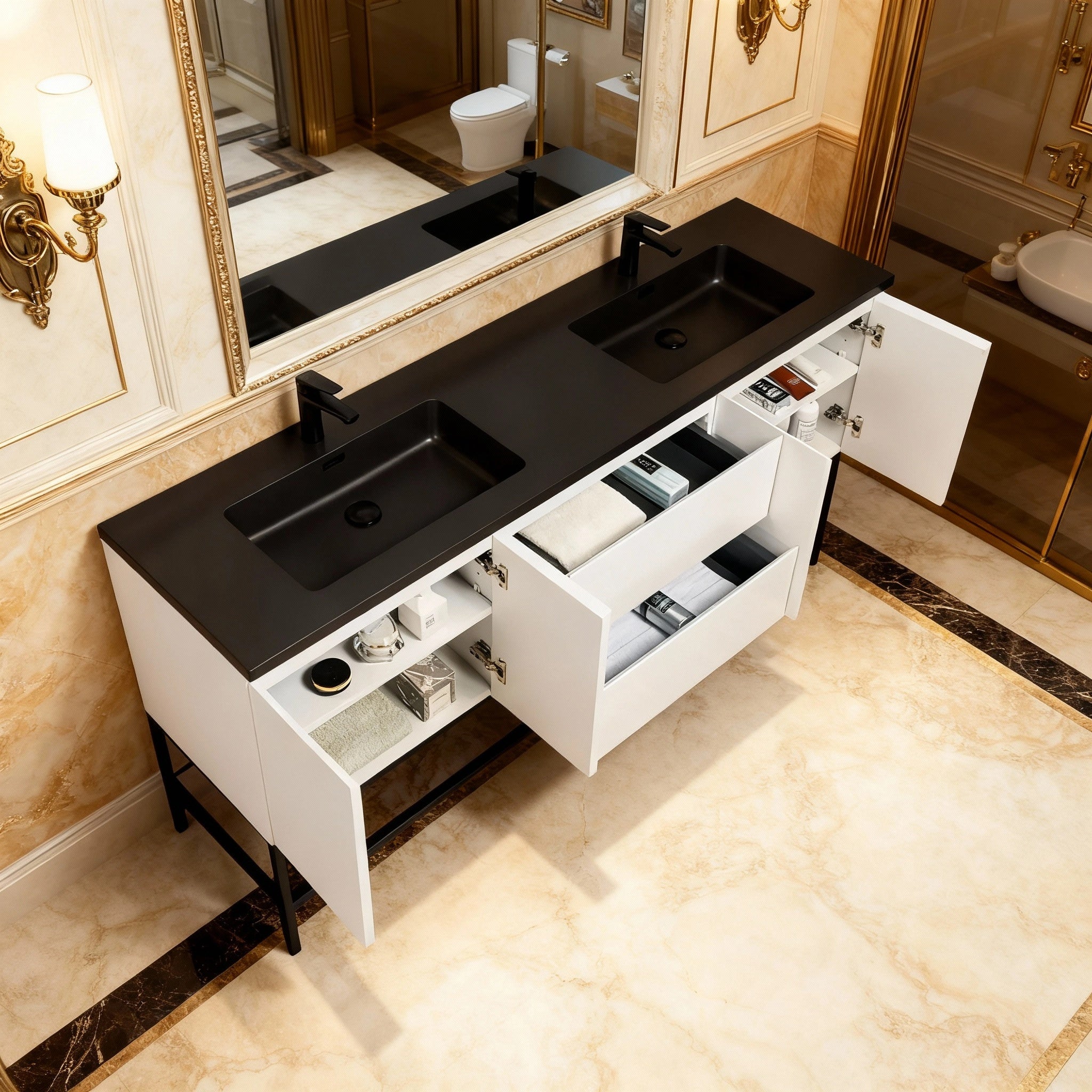 72" White Wall Mount Double Sink Bathroom Vanity with Black Engineered Quartz Countertop-Migration_Bathroom Vanities-DECOROLALA