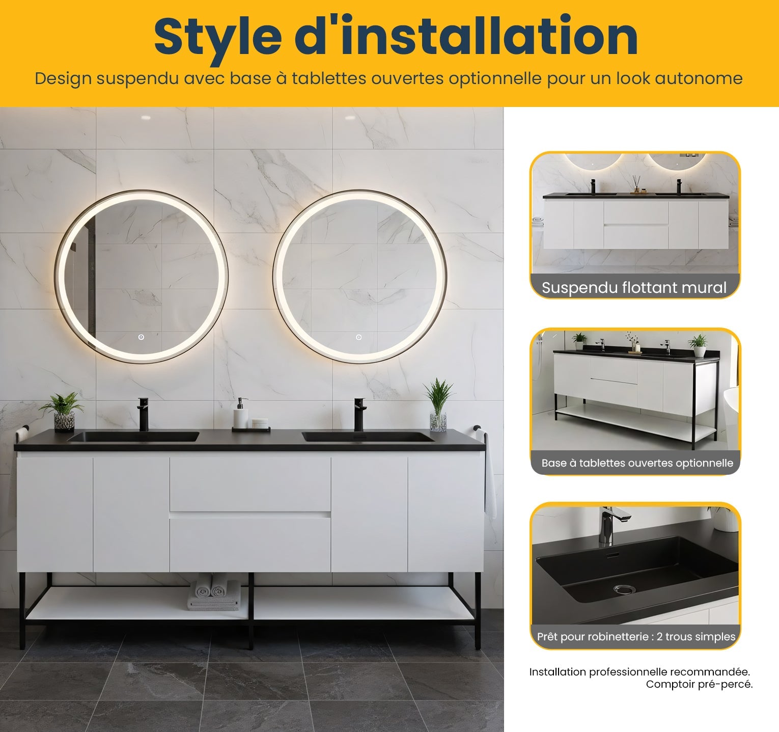 72" White Wall Mount Double Sink Bathroom Vanity with Black Engineered Quartz Countertop-Migration_Bathroom Vanities-DECOROLALA