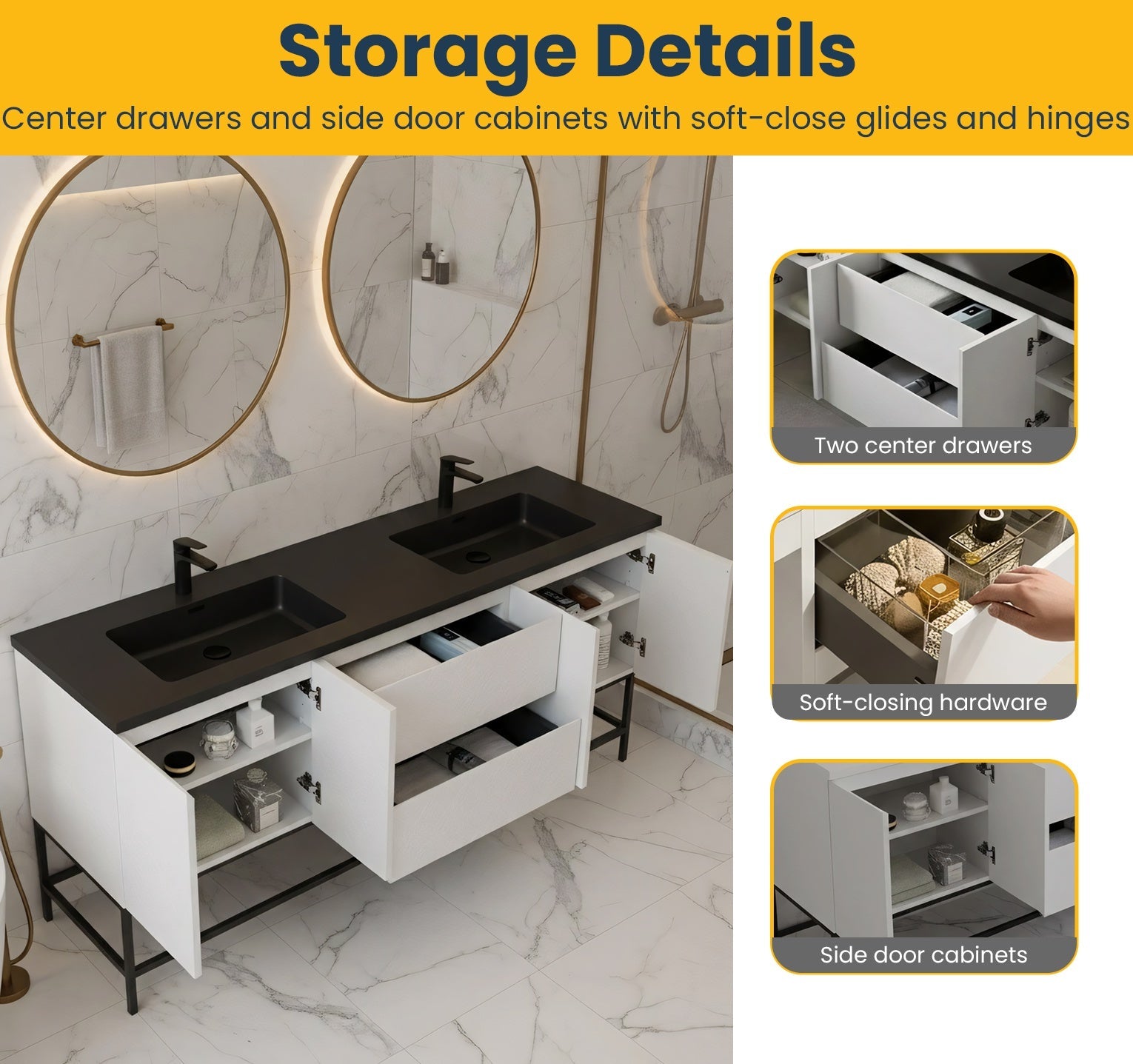 72" White Wall Mount Double Sink Bathroom Vanity with Black Engineered Quartz Countertop-Migration_Bathroom Vanities-DECOROLALA