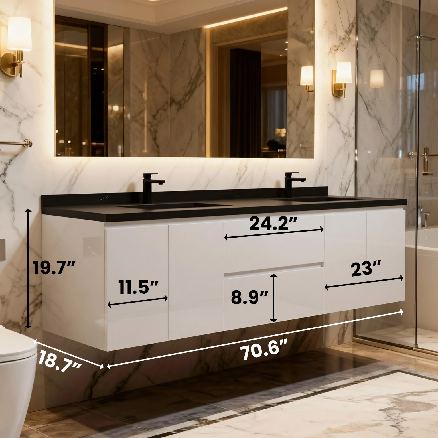 72" White Wall Mount Double Sink Bathroom Vanity with Black Engineered Quartz Countertop-Migration_Bathroom Vanities-DECOROLALA