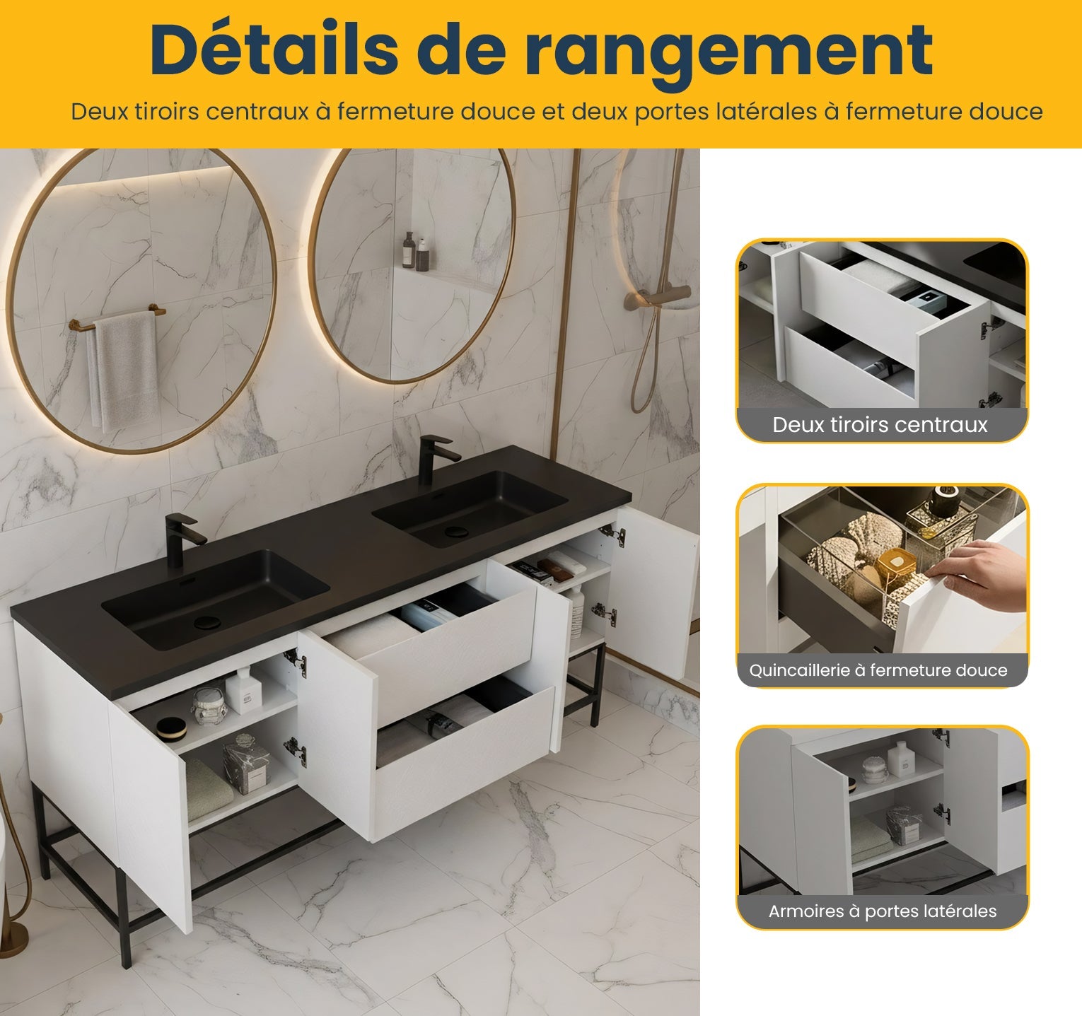 72" White Wall Mount Double Sink Bathroom Vanity with Black Engineered Quartz Countertop-Migration_Bathroom Vanities-DECOROLALA