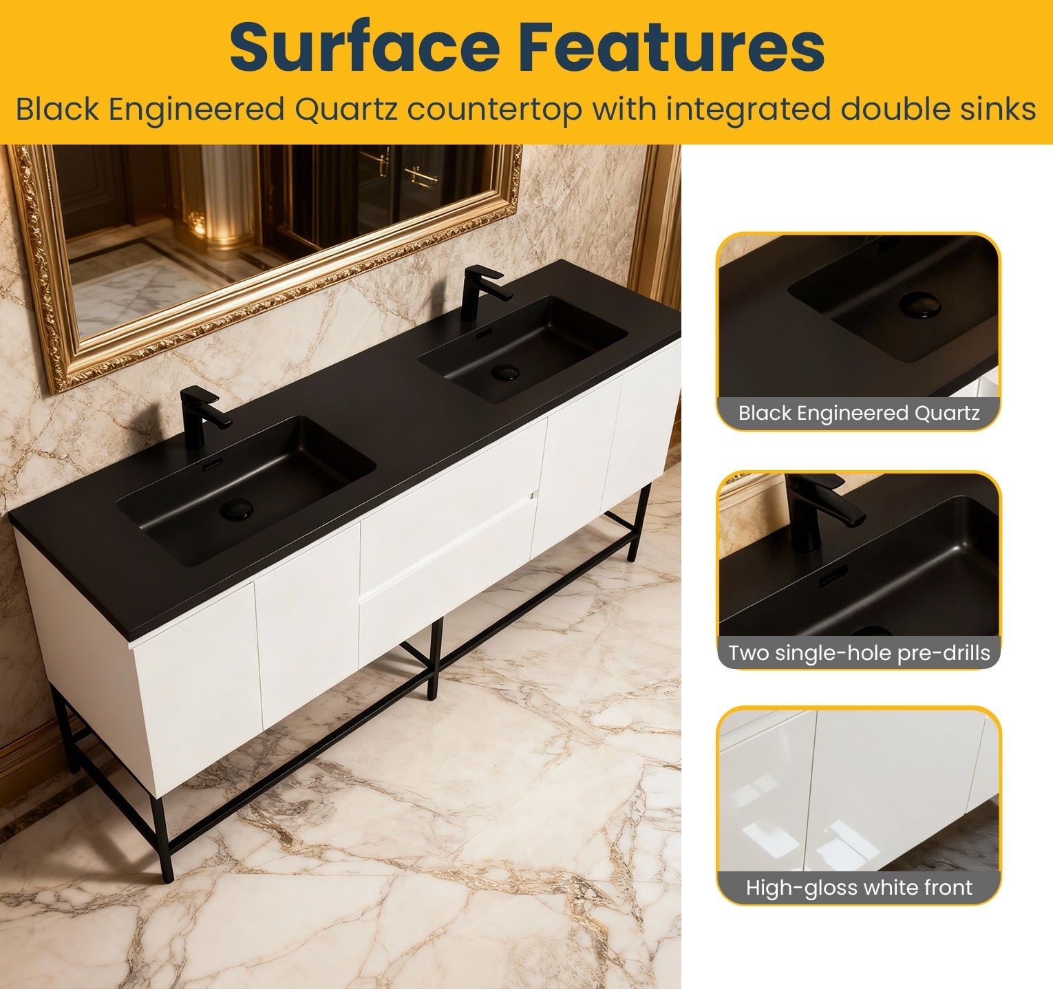 72" White Wall Mount Double Sink Bathroom Vanity with Black Engineered Quartz Countertop-Migration_Bathroom Vanities-DECOROLALA