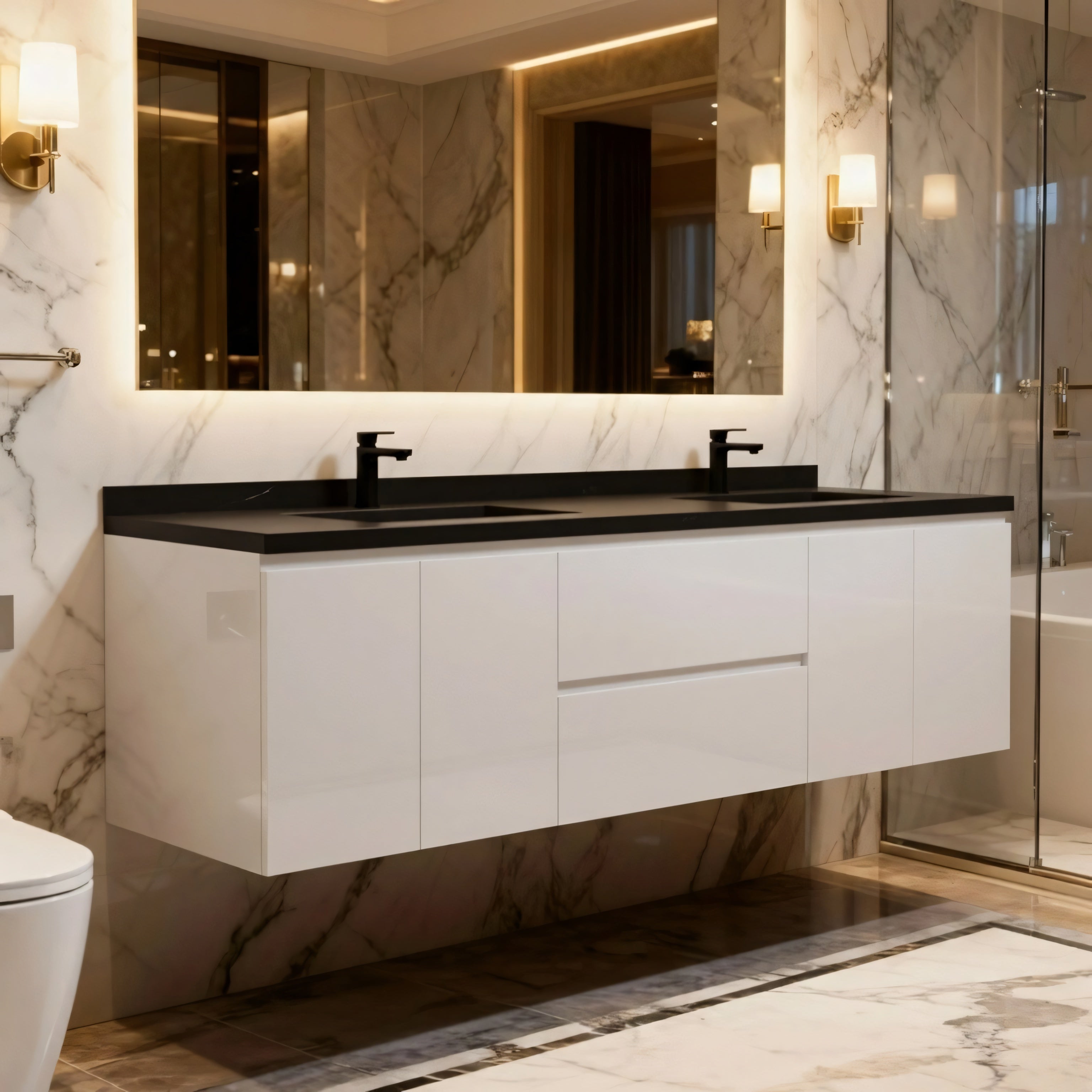 72" White Wall Mount Double Sink Bathroom Vanity with Black Engineered Quartz Countertop-Migration_Bathroom Vanities-DECOROLALA