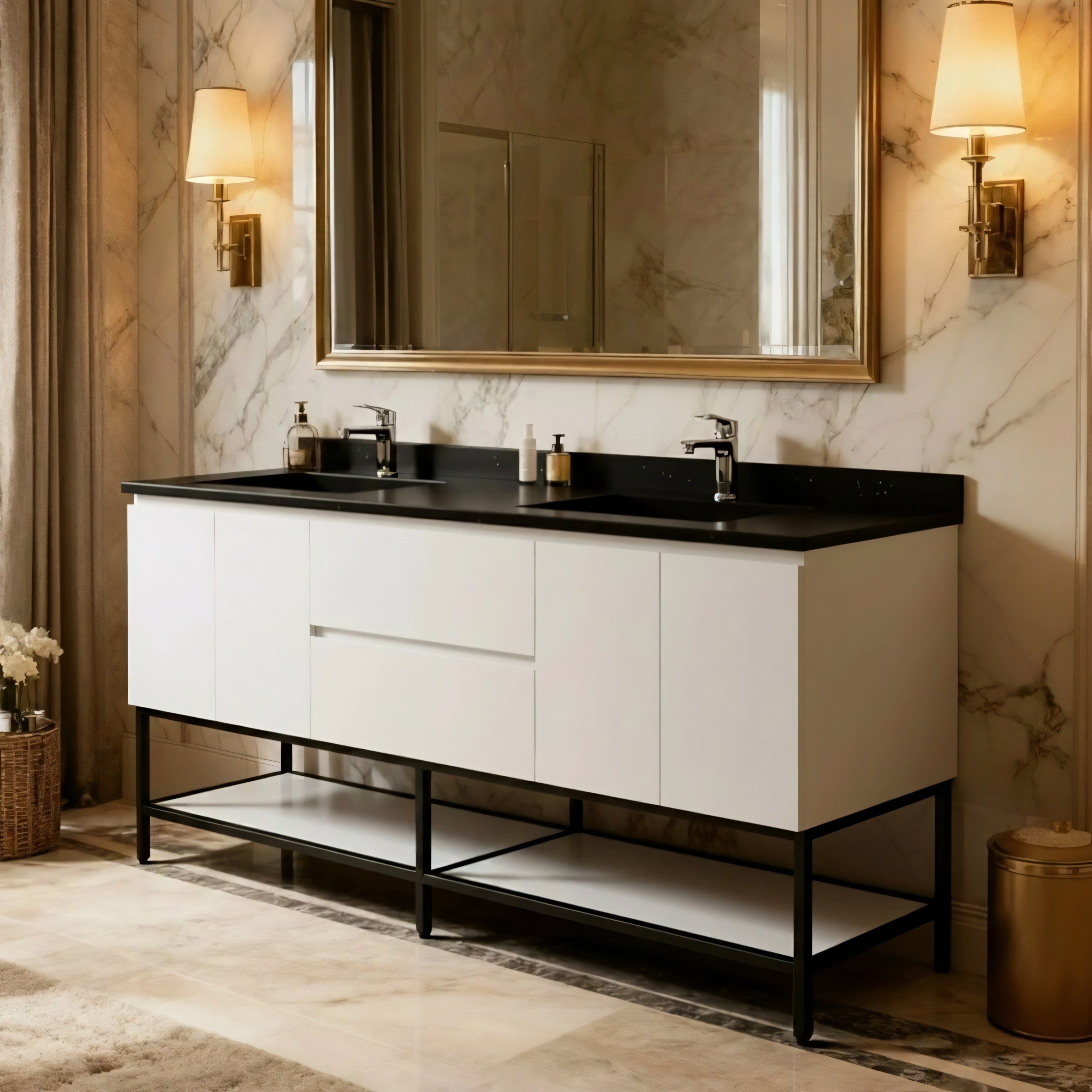 72" White Wall Mount Double Sink Bathroom Vanity with Black Engineered Quartz Countertop-Migration_Bathroom Vanities-DECOROLALA