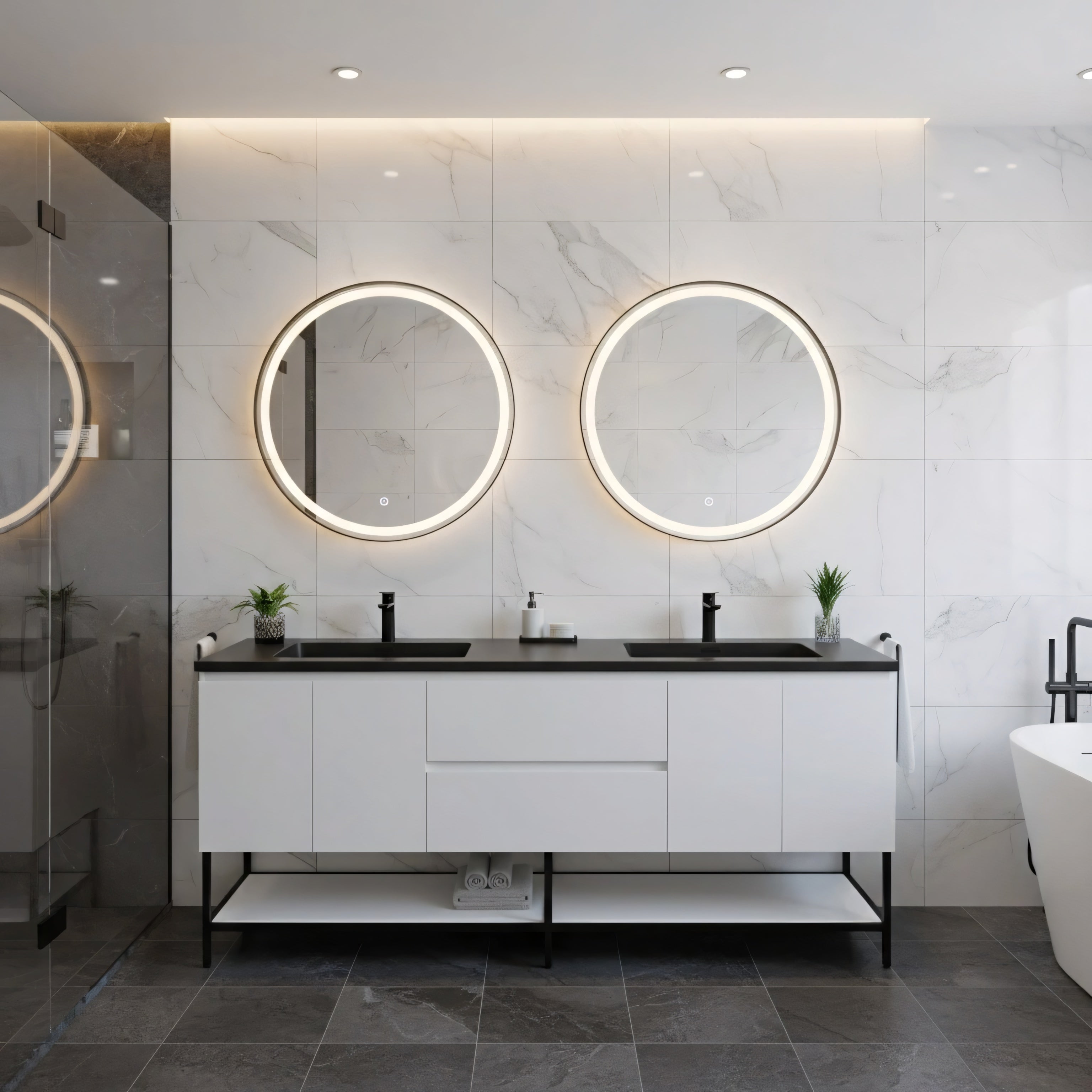 72" White Wall Mount Double Sink Bathroom Vanity with Black Engineered Quartz Countertop-Migration_Bathroom Vanities-DECOROLALA