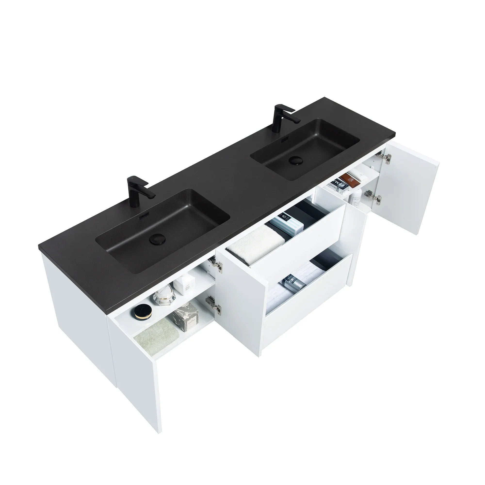 72" White Wall Mount Double Sink Bathroom Vanity with Black Engineered Quartz Countertop-Migration_Bathroom Vanities-DECOROLALA