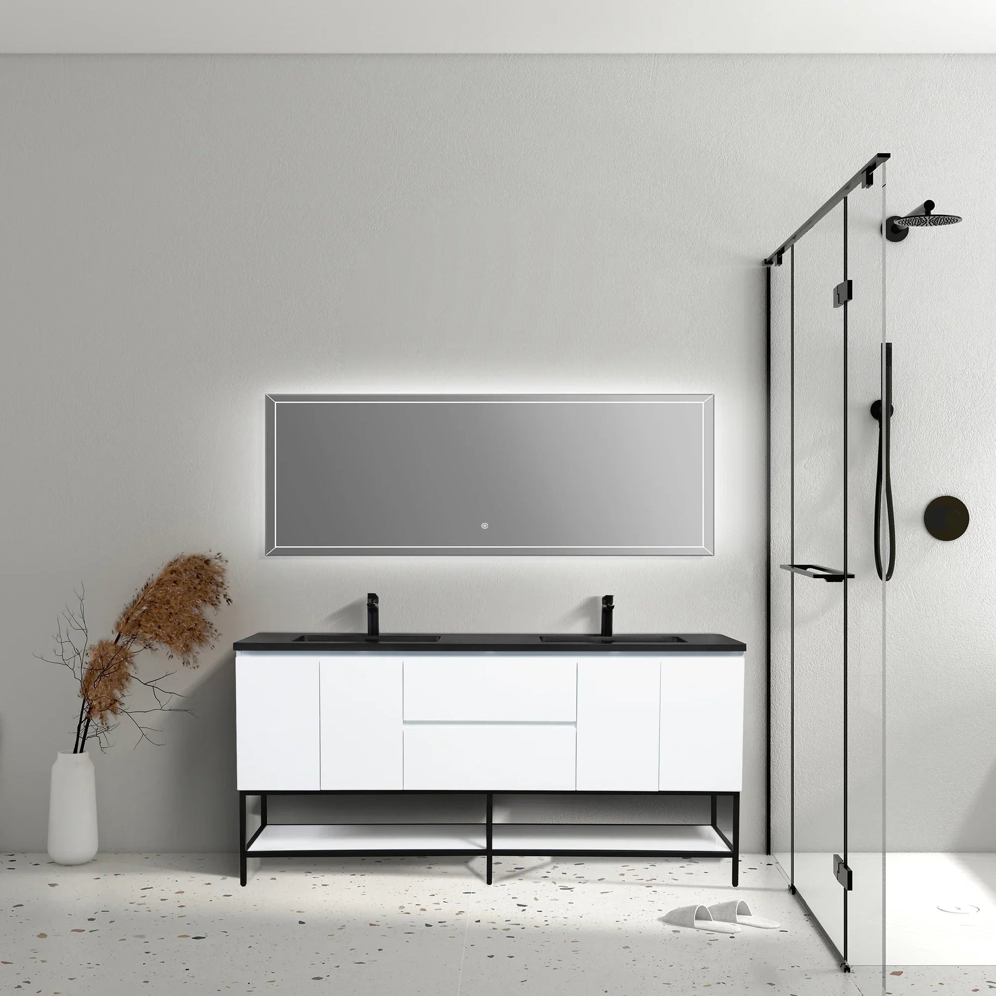 72" White Wall Mount Double Sink Bathroom Vanity with Black Engineered Quartz Countertop-Migration_Bathroom Vanities-DECOROLALA