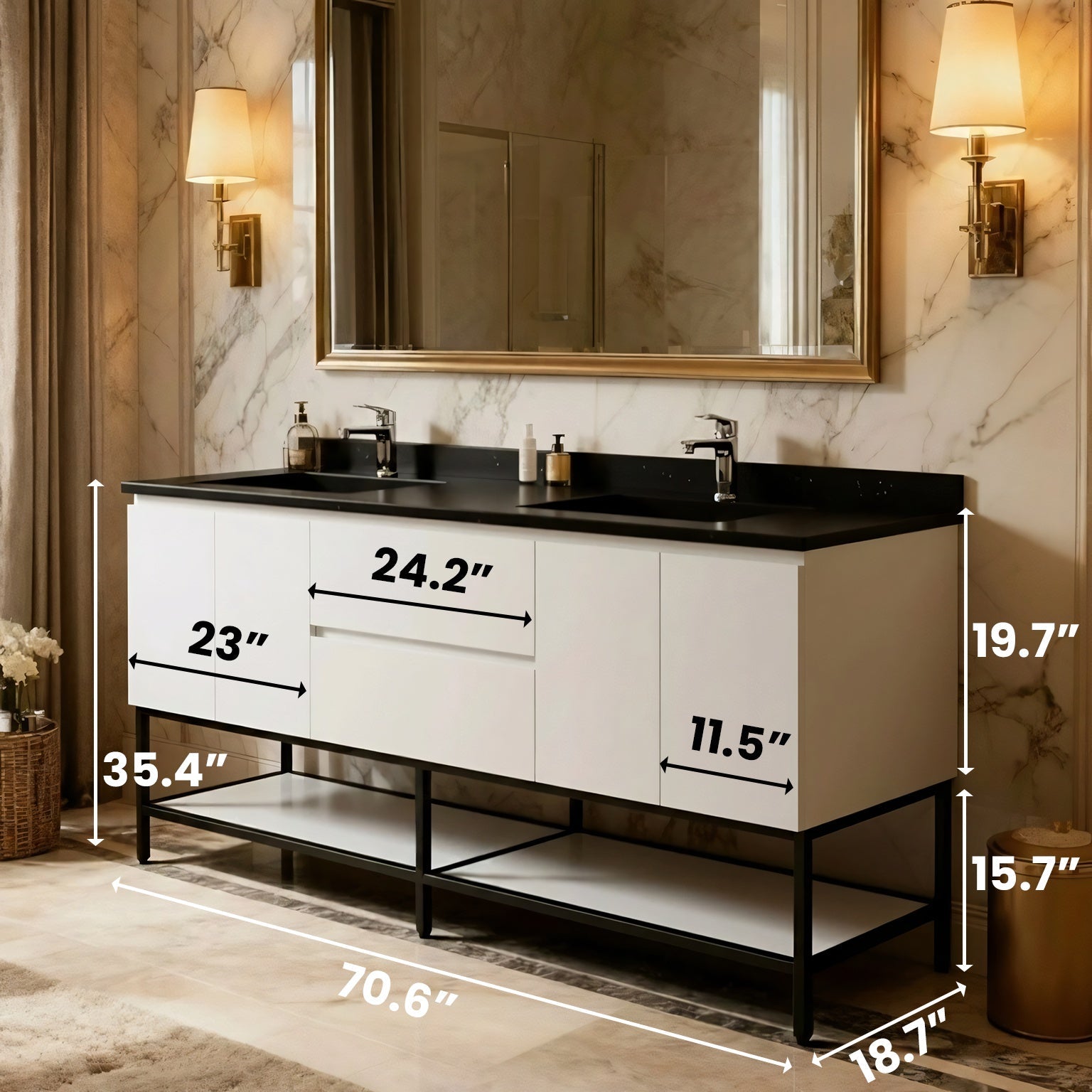 72" White Wall Mount Double Sink Bathroom Vanity with Black Engineered Quartz Countertop-Migration_Bathroom Vanities-DECOROLALA
