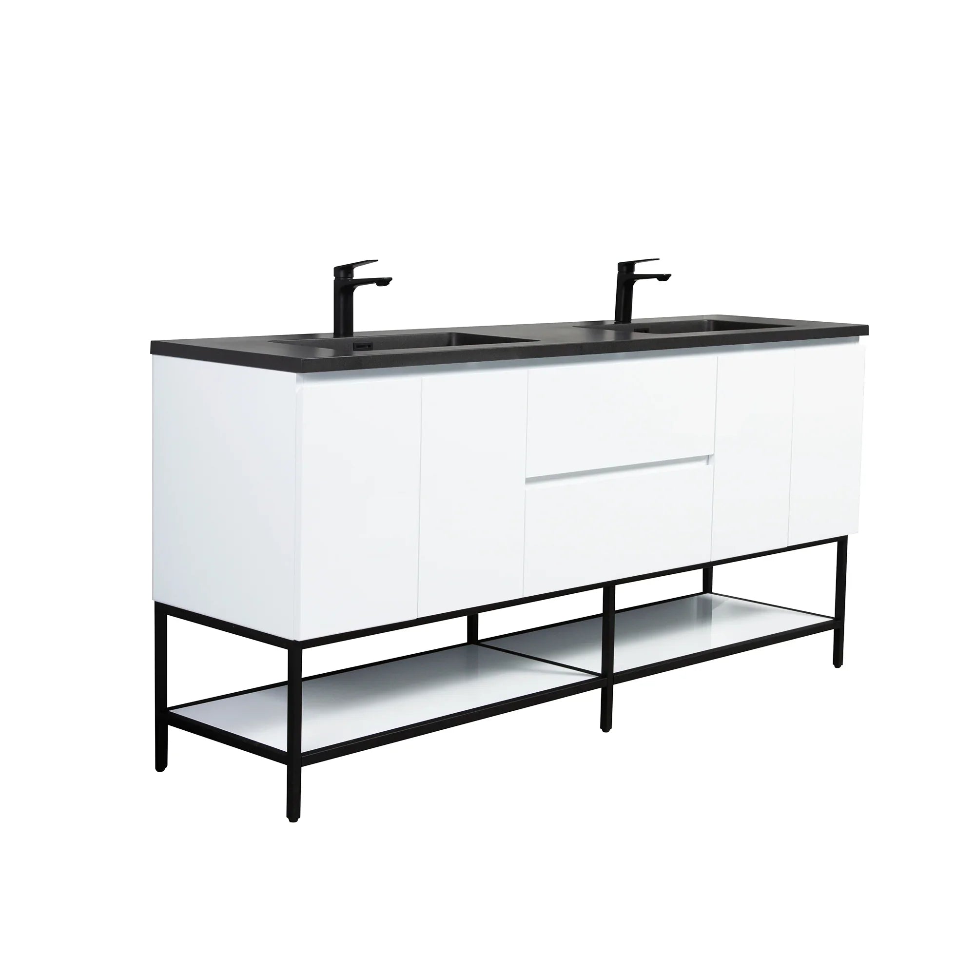 72" White Wall Mount Double Sink Bathroom Vanity with Black Engineered Quartz Countertop-Migration_Bathroom Vanities-DECOROLALA