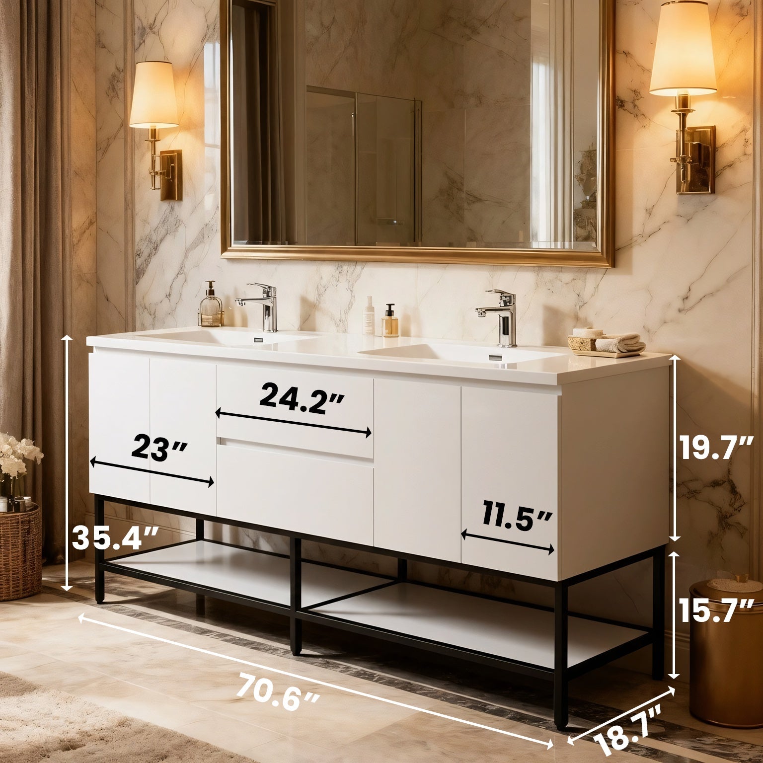 72" White Wall Mount Double Sink Bathroom Vanity with White Polymarble Countertop-Migration_Bathroom Vanities-DECOROLALA