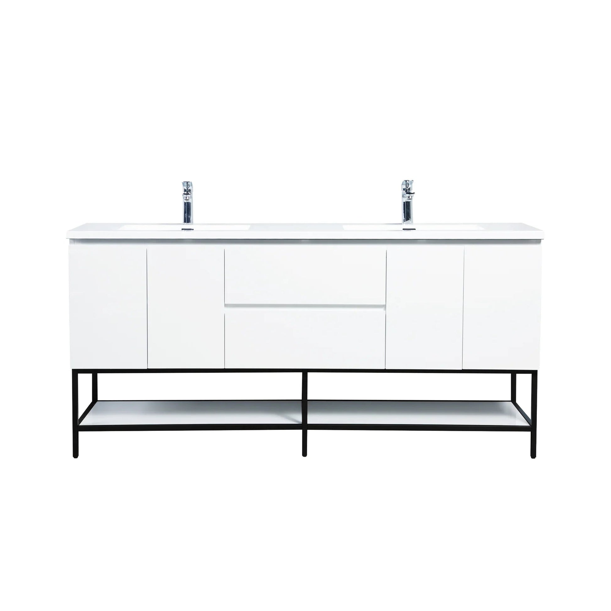 72" White Wall Mount Double Sink Bathroom Vanity with White Polymarble Countertop-Migration_Bathroom Vanities-DECOROLALA