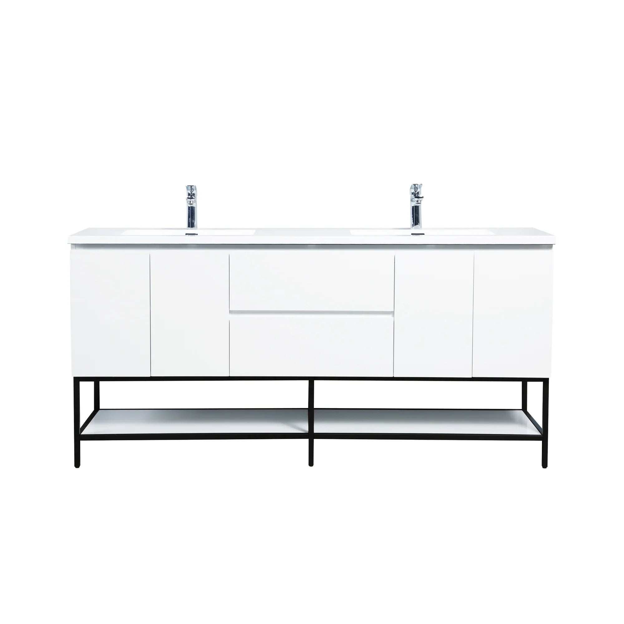 72" White Wall Mount Double Sink Bathroom Vanity with White Polymarble Countertop-Migration_Bathroom Vanities-DECOROLALA
