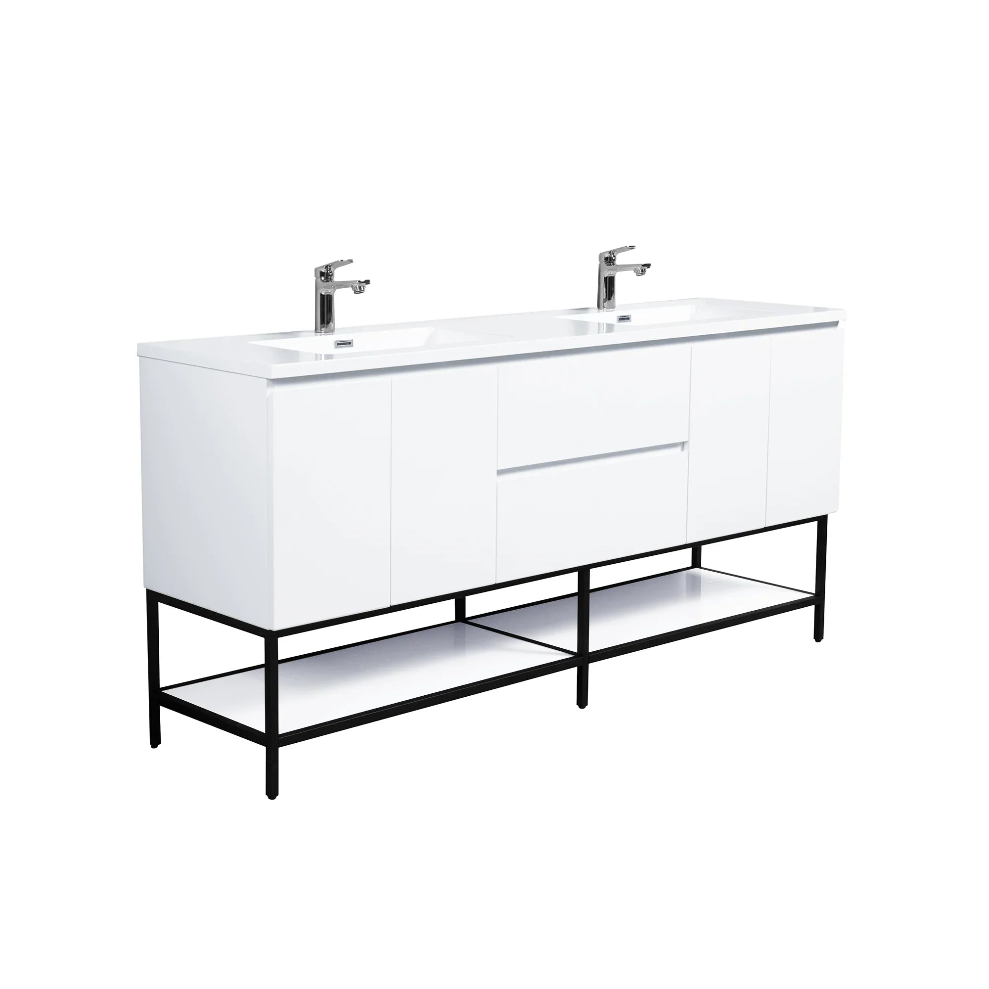 72" White Wall Mount Double Sink Bathroom Vanity with White Polymarble Countertop-Migration_Bathroom Vanities-DECOROLALA