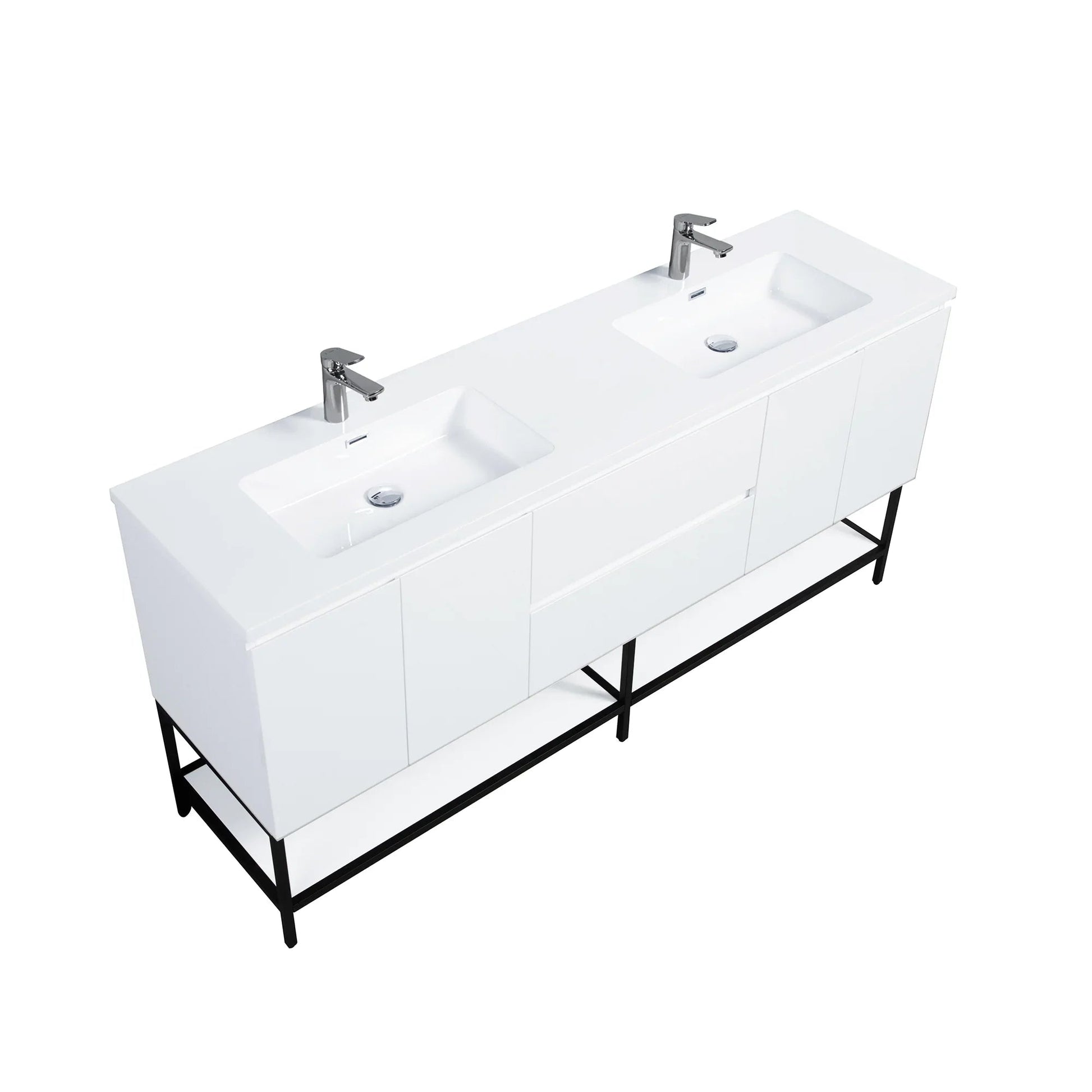 72" White Wall Mount Double Sink Bathroom Vanity with White Polymarble Countertop-Migration_Bathroom Vanities-DECOROLALA