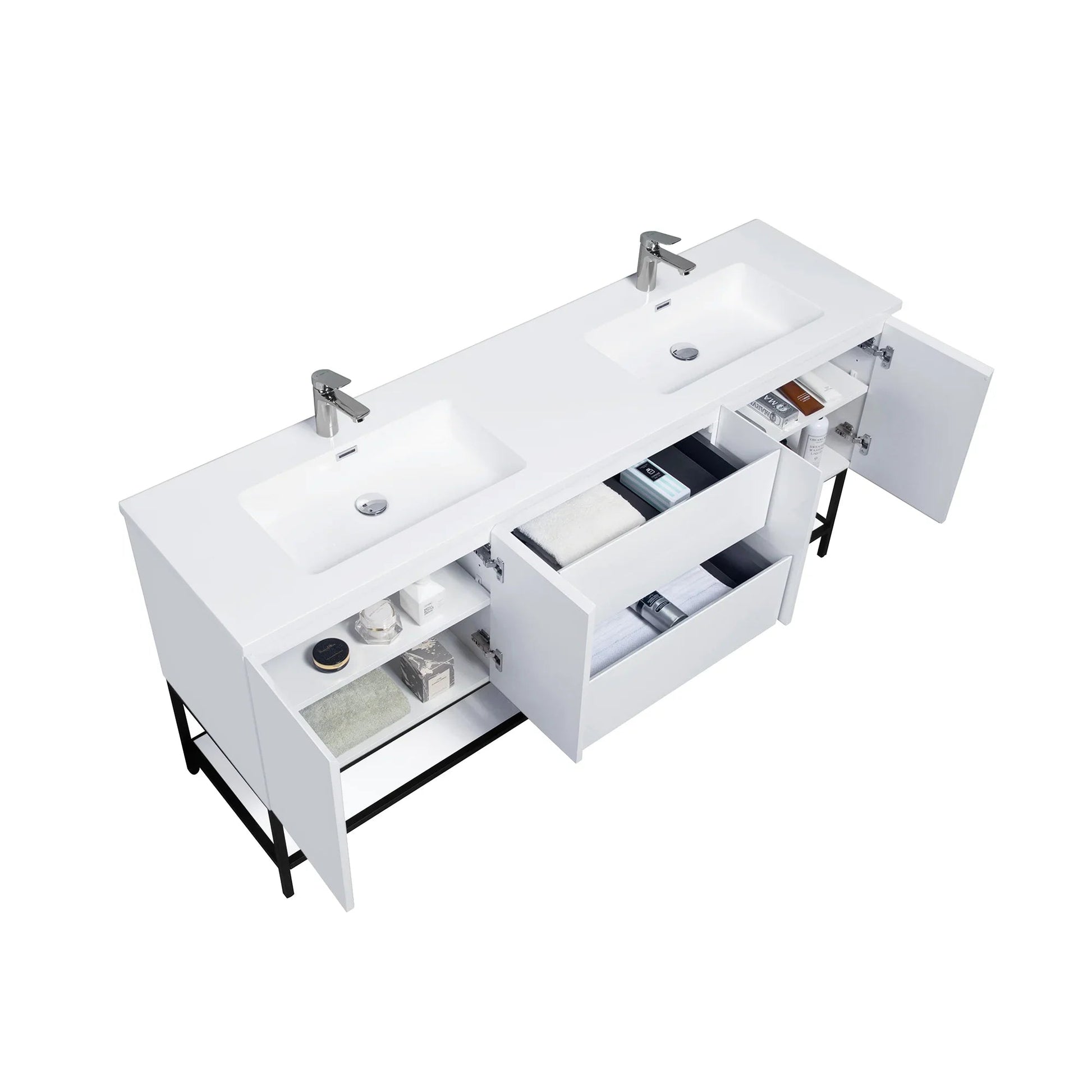 72" White Wall Mount Double Sink Bathroom Vanity with White Polymarble Countertop-Migration_Bathroom Vanities-DECOROLALA