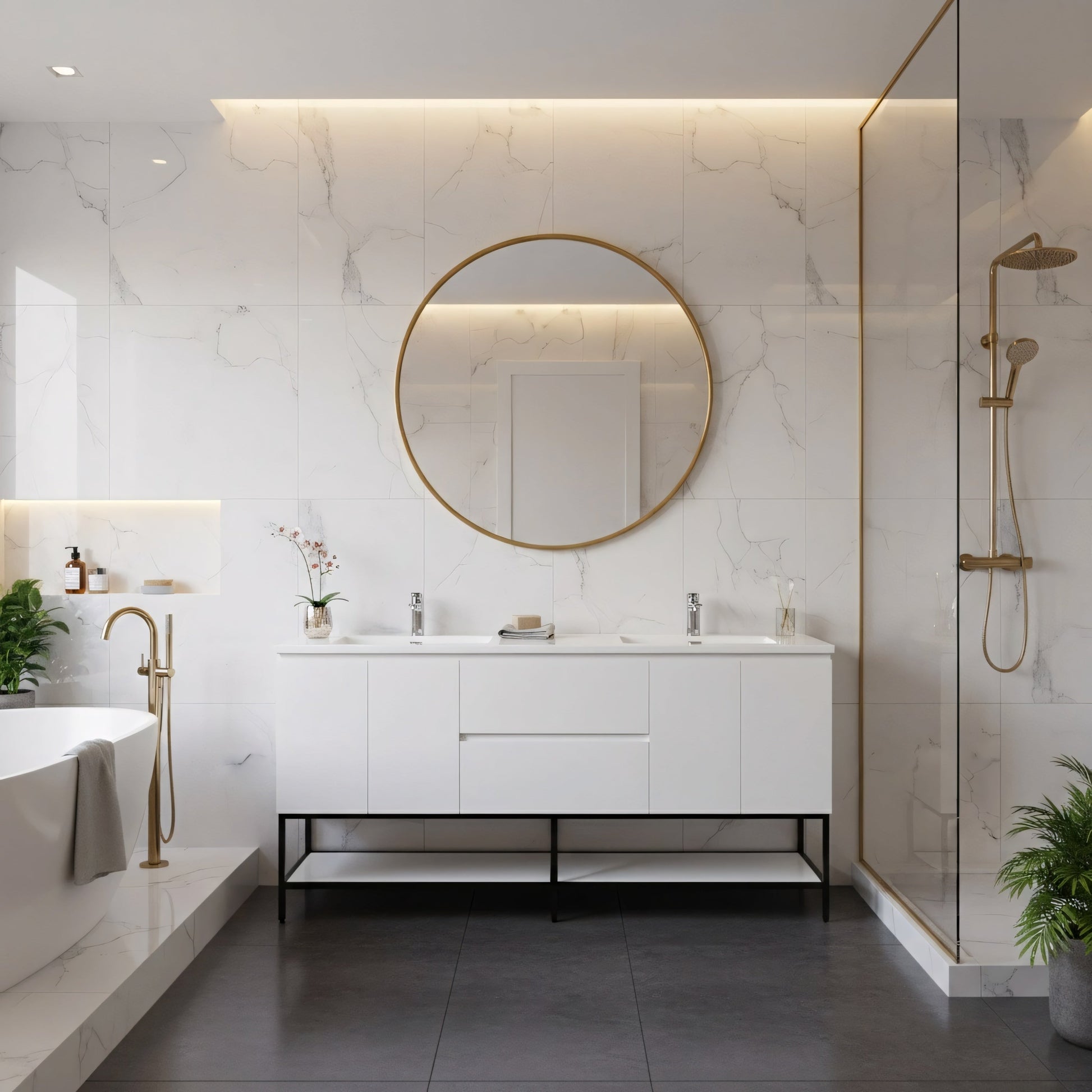 72" White Wall Mount Double Sink Bathroom Vanity with White Polymarble Countertop-Migration_Bathroom Vanities-DECOROLALA