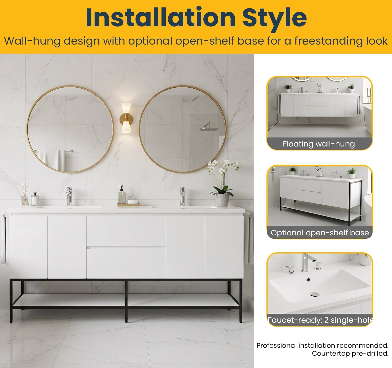 72" White Wall Mount Double Sink Bathroom Vanity with White Polymarble Countertop-Migration_Bathroom Vanities-DECOROLALA