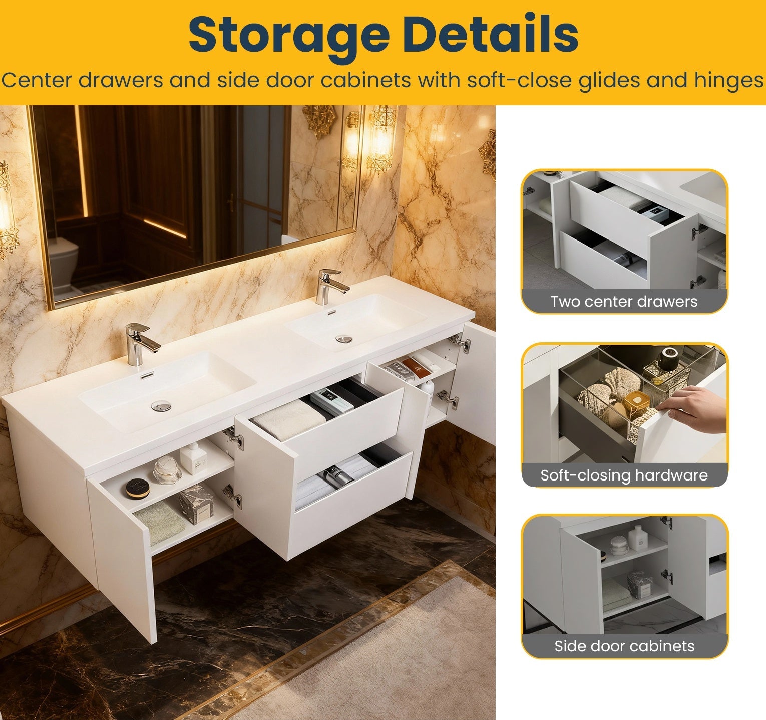 72" White Wall Mount Double Sink Bathroom Vanity with White Polymarble Countertop-Migration_Bathroom Vanities-DECOROLALA