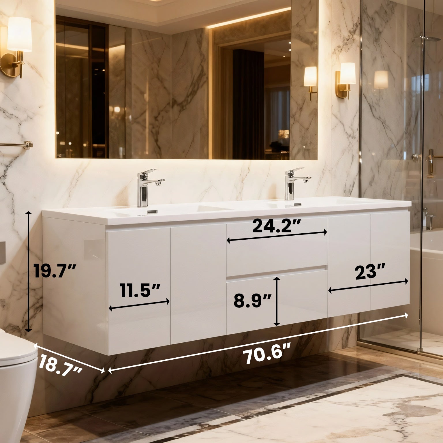 72" White Wall Mount Double Sink Bathroom Vanity with White Polymarble Countertop-Migration_Bathroom Vanities-DECOROLALA