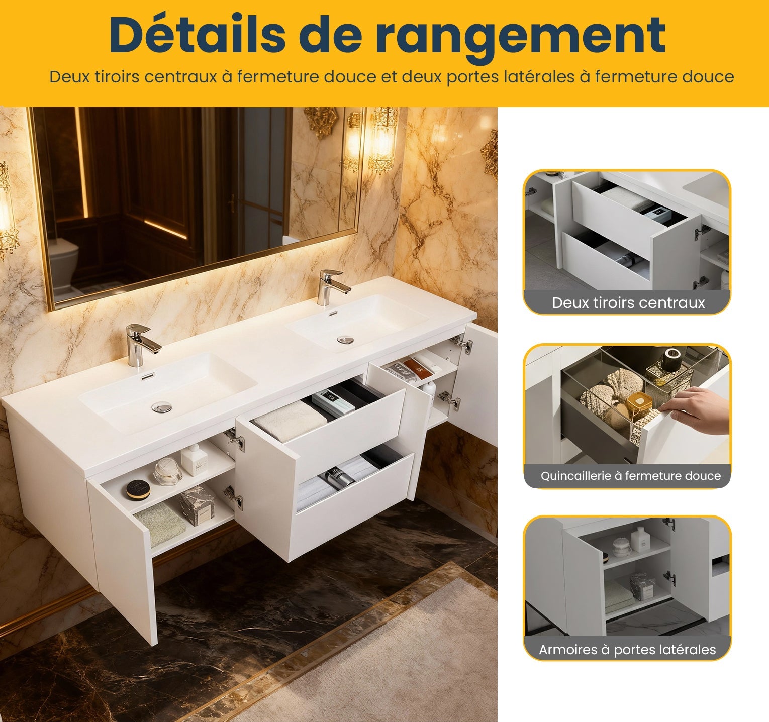 72" White Wall Mount Double Sink Bathroom Vanity with White Polymarble Countertop-Migration_Bathroom Vanities-DECOROLALA