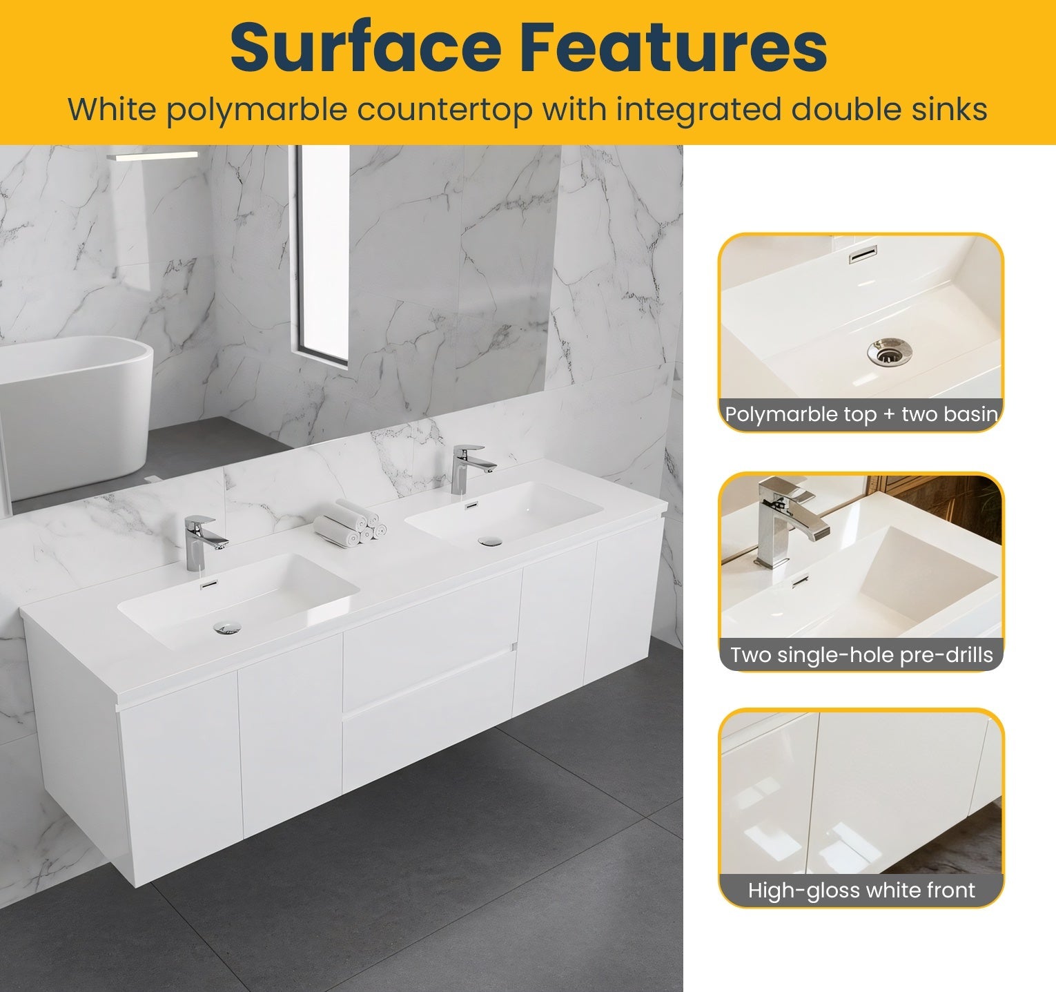 72" White Wall Mount Double Sink Bathroom Vanity with White Polymarble Countertop-Migration_Bathroom Vanities-DECOROLALA