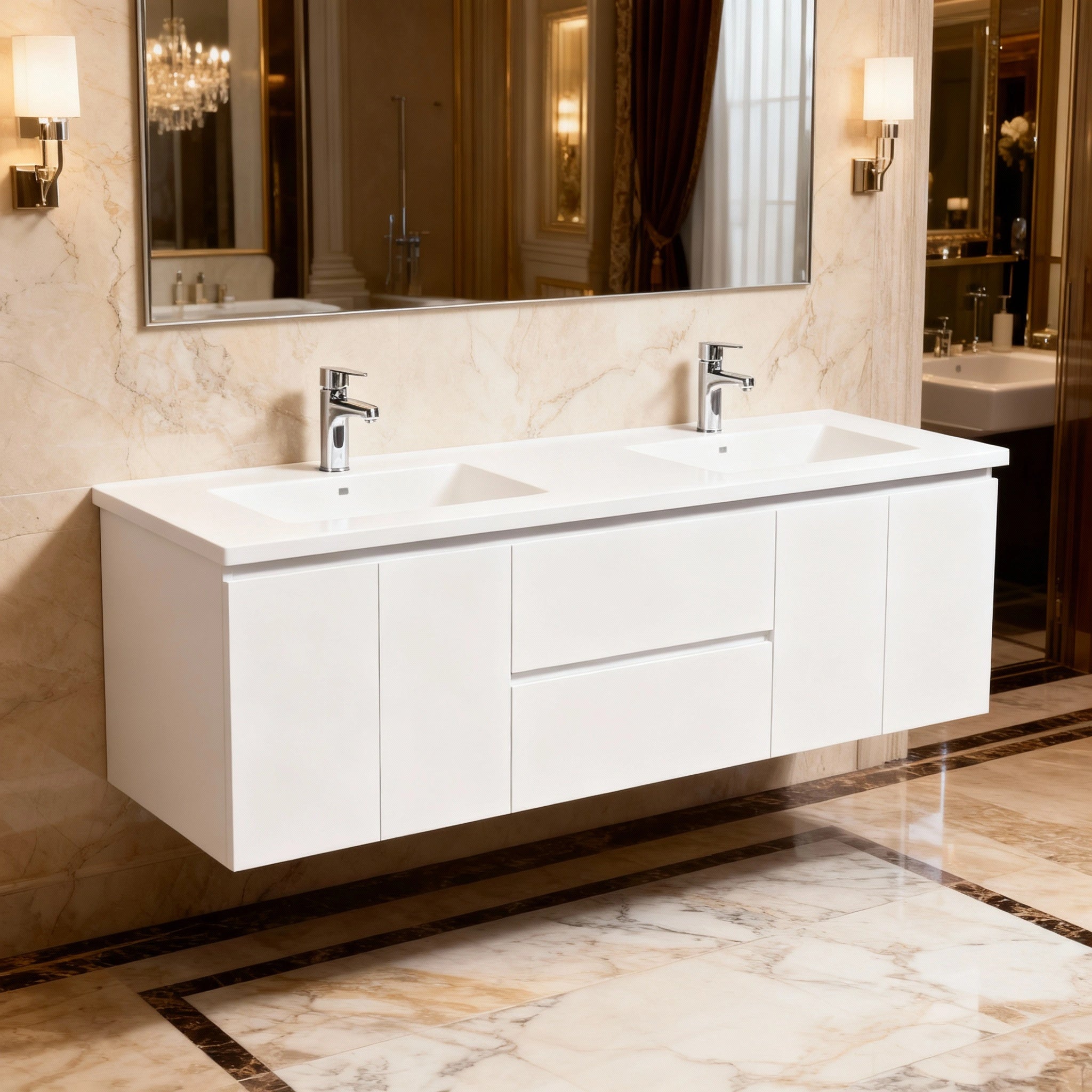 72" White Wall Mount Double Sink Bathroom Vanity with White Polymarble Countertop-Migration_Bathroom Vanities-DECOROLALA