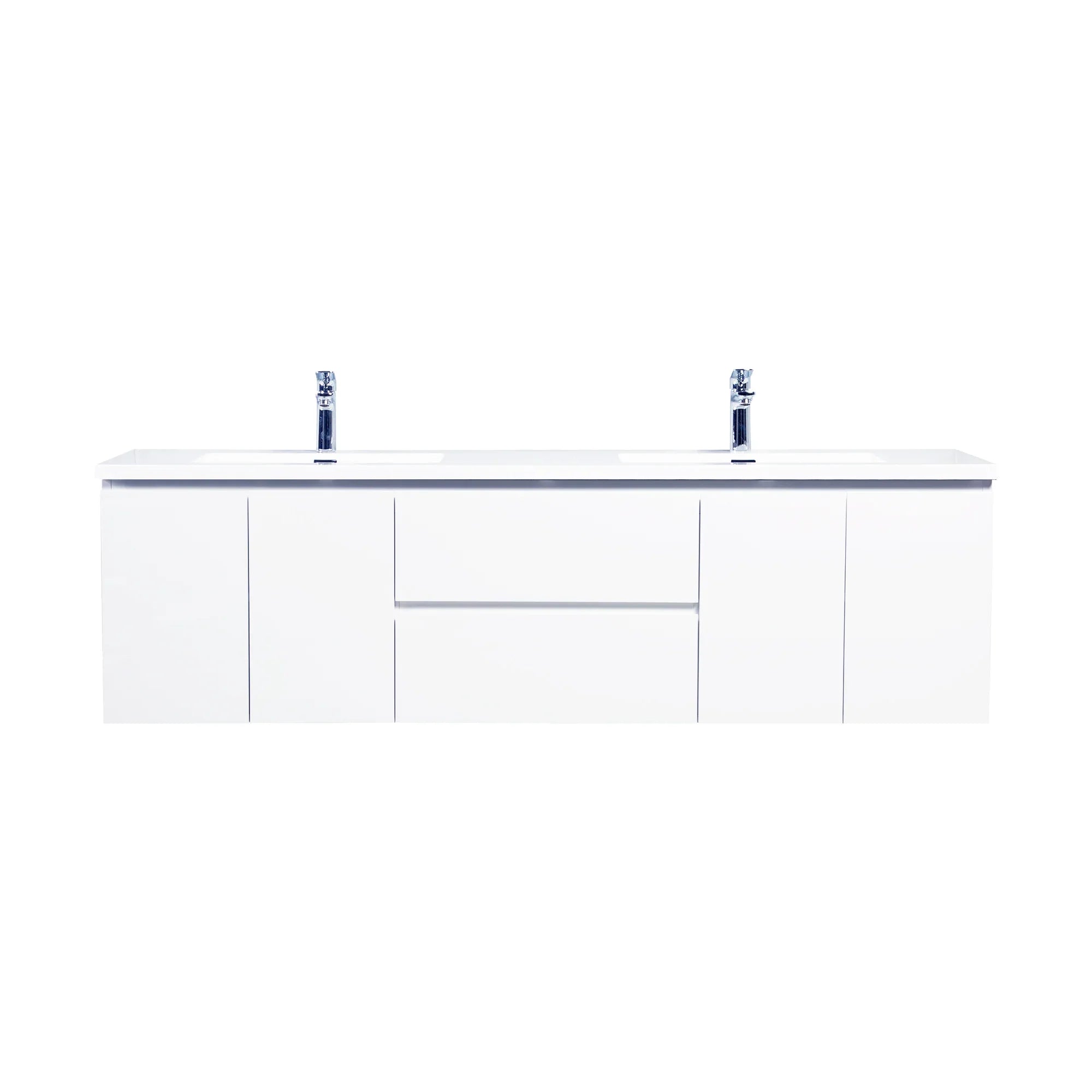 72" White Wall Mount Double Sink Bathroom Vanity with White Polymarble Countertop-Migration_Bathroom Vanities-DECOROLALA