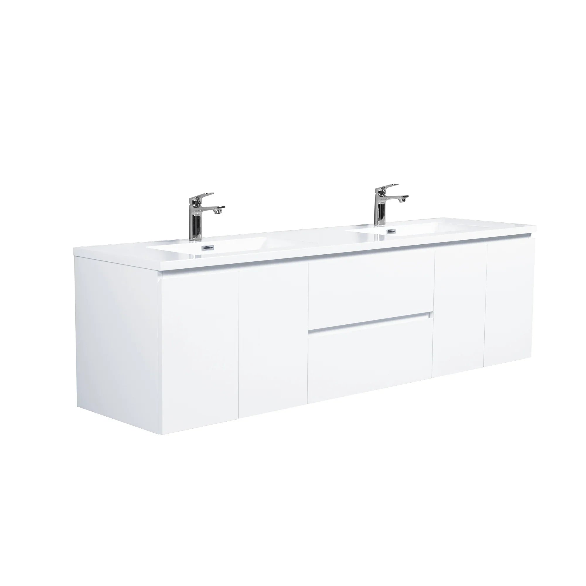 72" White Wall Mount Double Sink Bathroom Vanity with White Polymarble Countertop-Migration_Bathroom Vanities-DECOROLALA