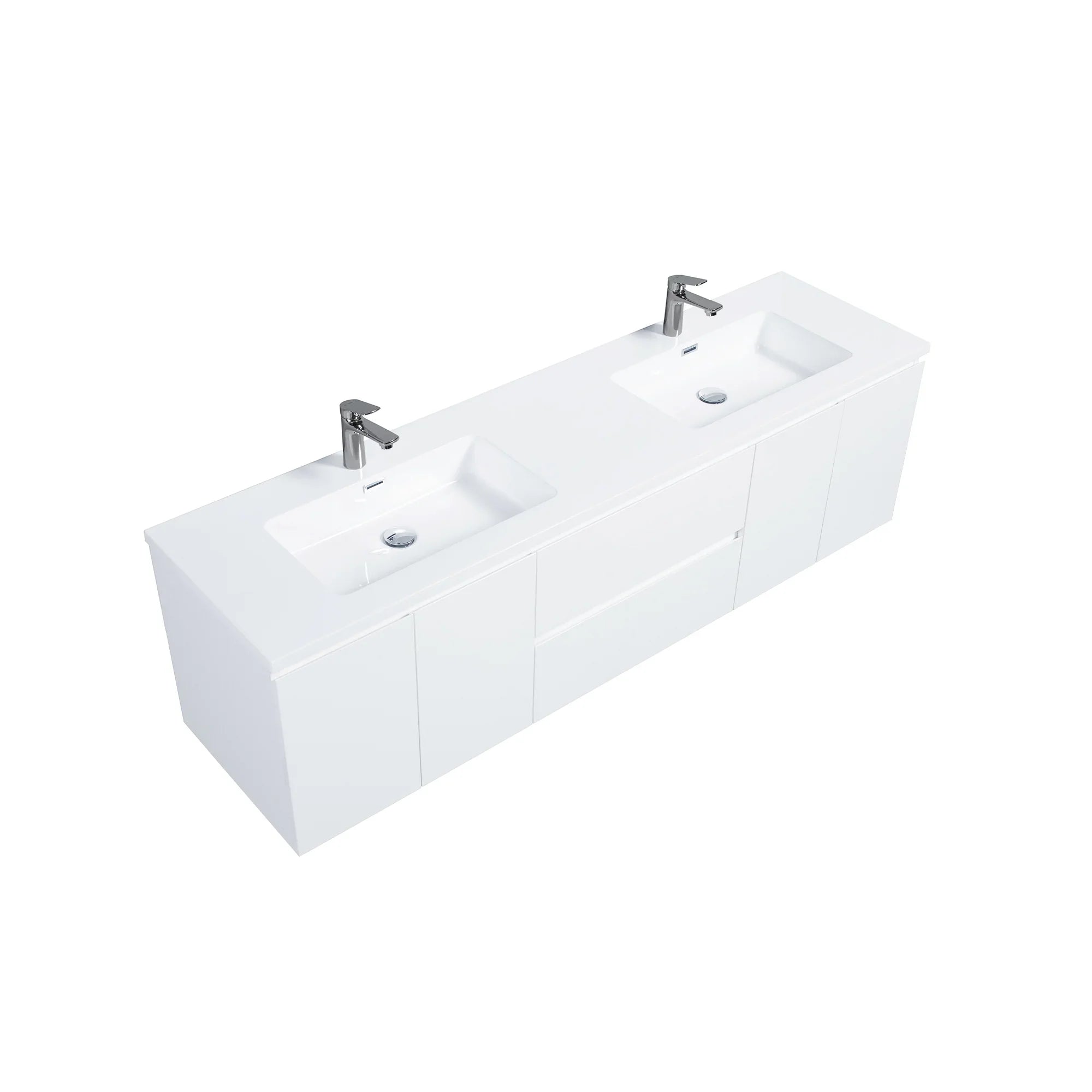 72" White Wall Mount Double Sink Bathroom Vanity with White Polymarble Countertop-Migration_Bathroom Vanities-DECOROLALA