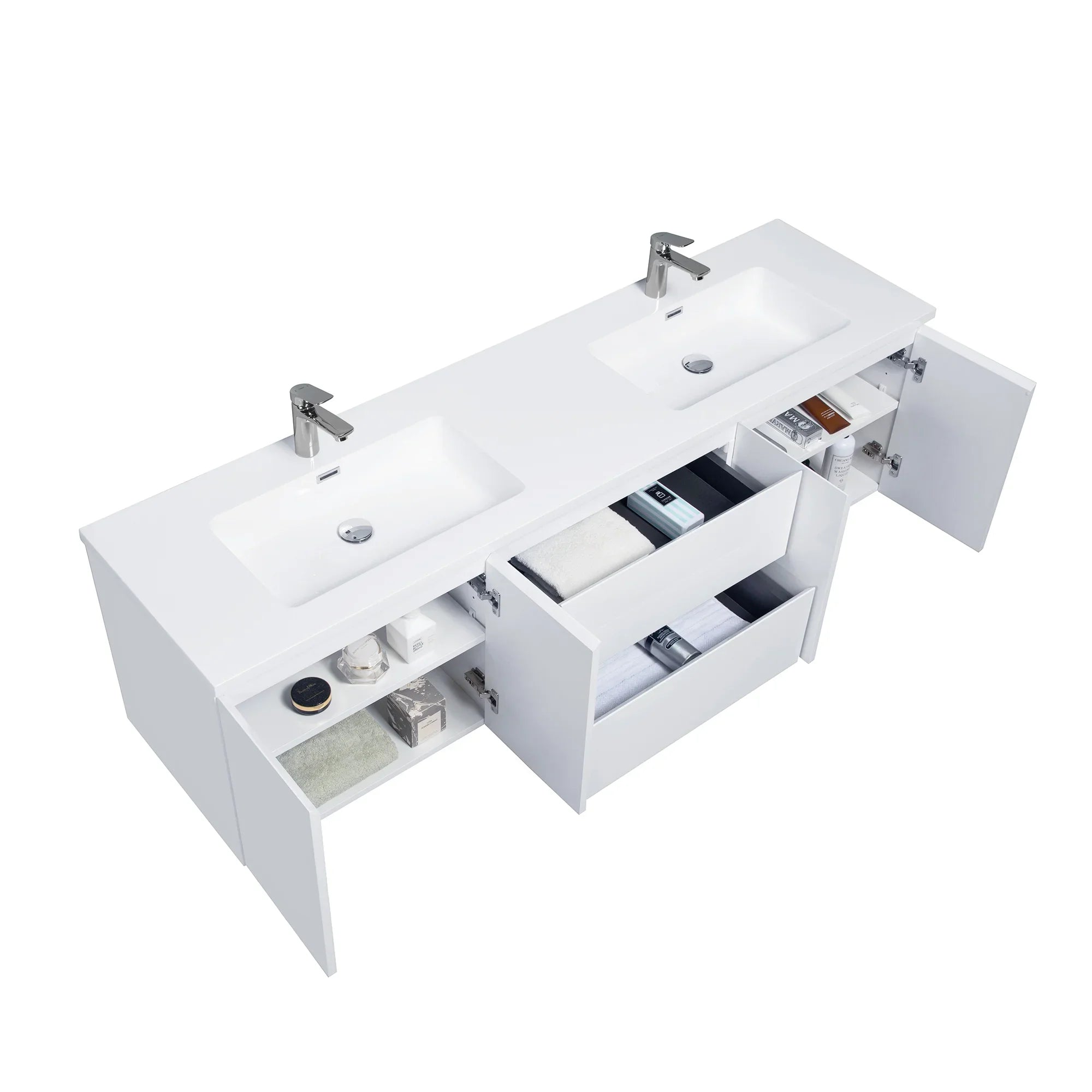72" White Wall Mount Double Sink Bathroom Vanity with White Polymarble Countertop-Migration_Bathroom Vanities-DECOROLALA