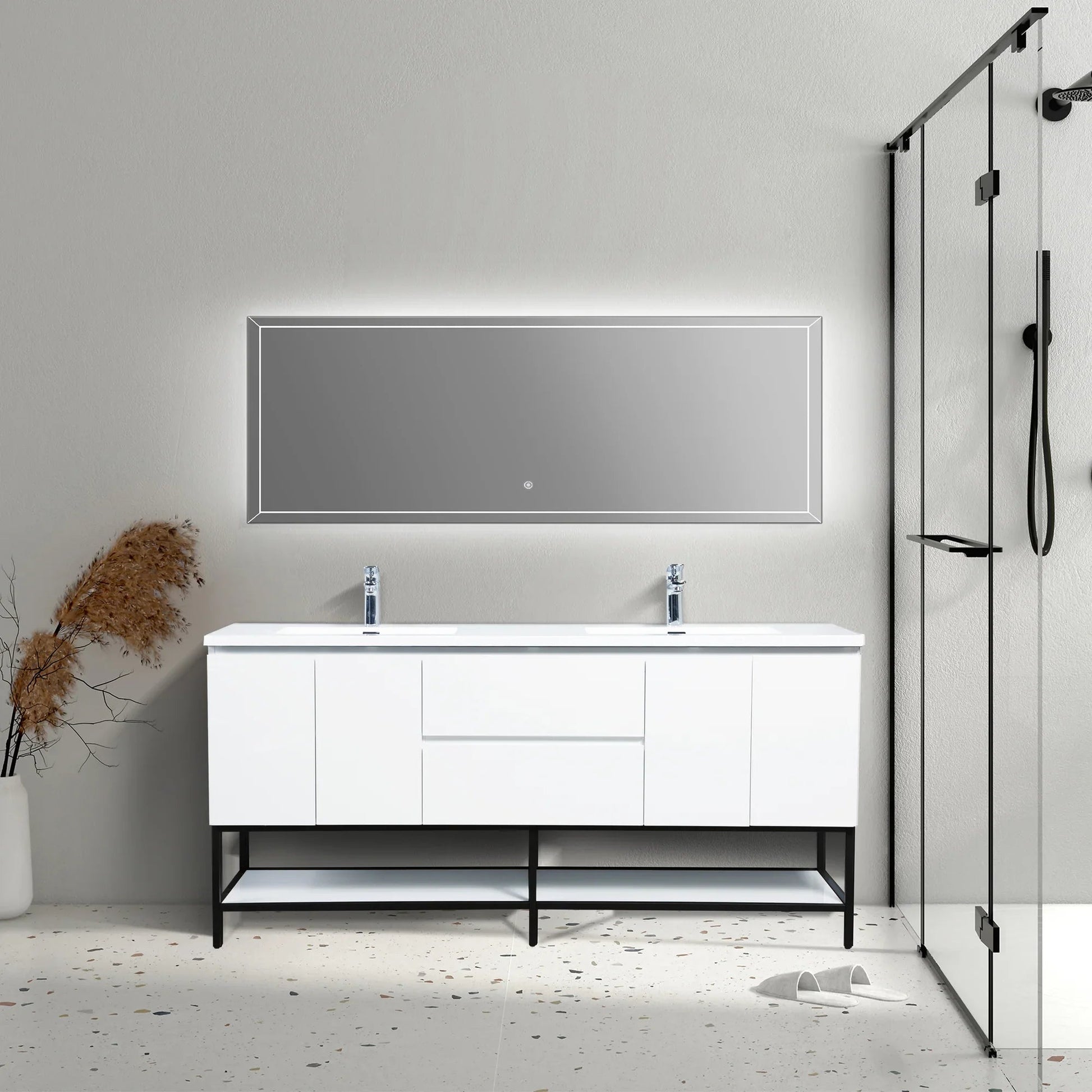 72" White Wall Mount Double Sink Bathroom Vanity with White Polymarble Countertop-Migration_Bathroom Vanities-DECOROLALA