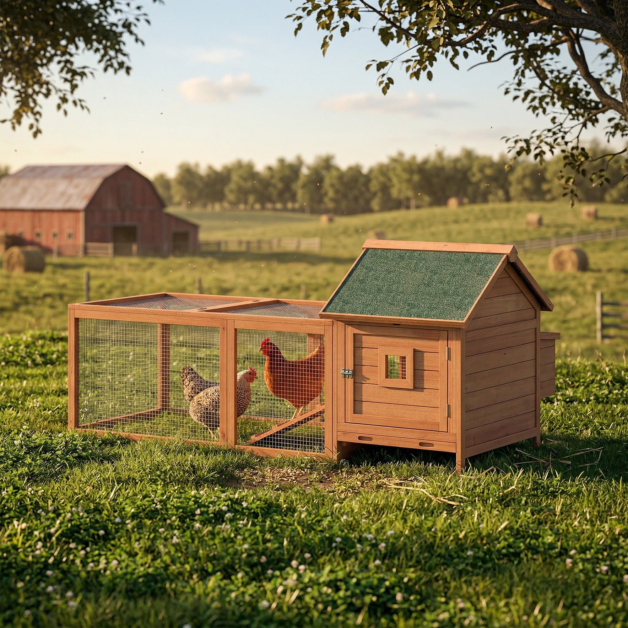72" Wooden Chicken Coop with Run and Nesting Box - Orange-Small Animals-DECOROLALA