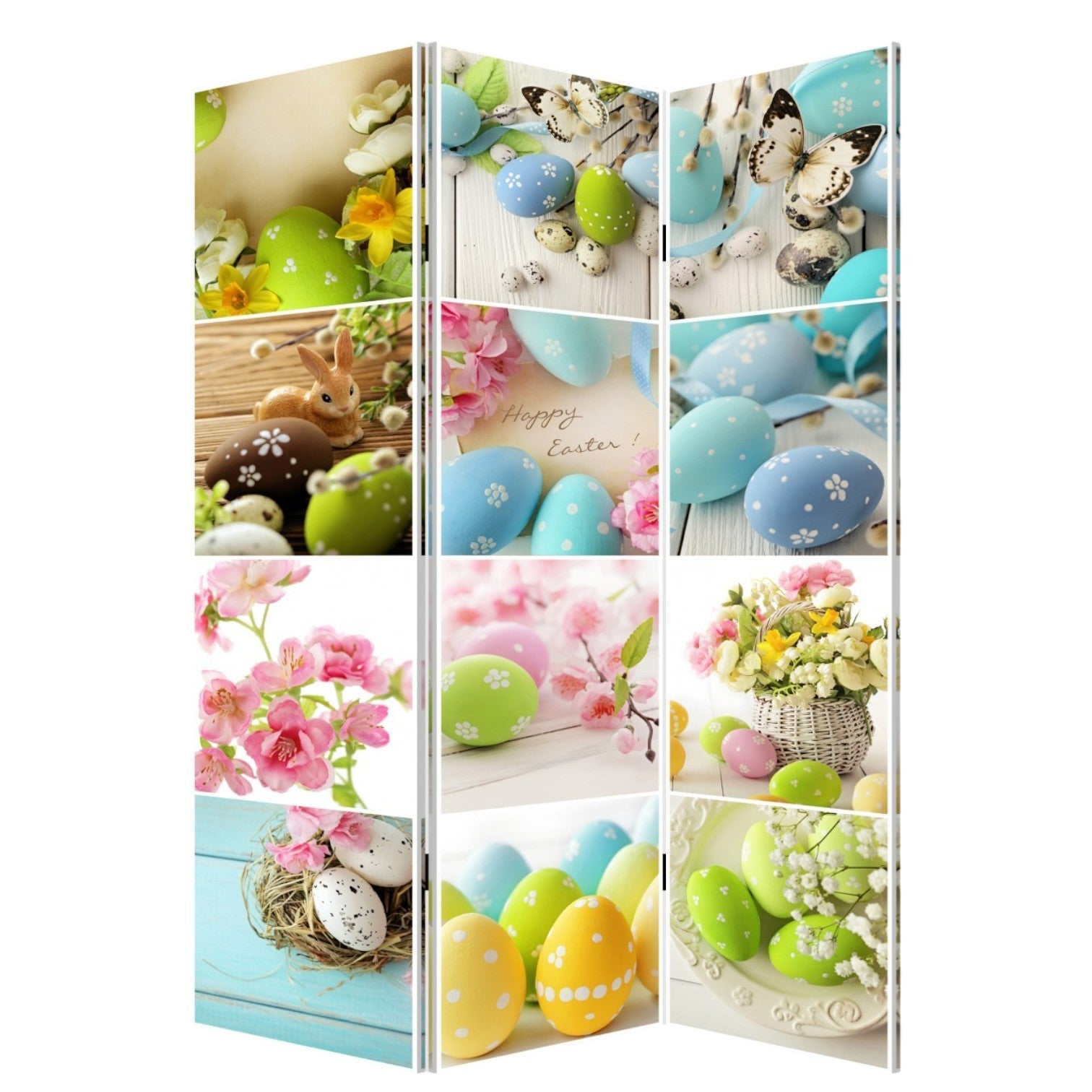 72" Yellow and White Canvas Folding Three Panel Screen Room Divider-Room Dividers-DECOROLALA