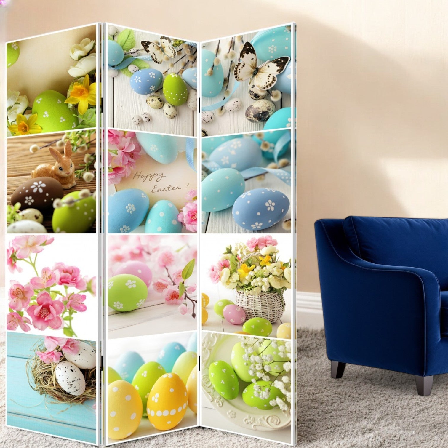 72" Yellow and White Canvas Folding Three Panel Screen Room Divider-Room Dividers-DECOROLALA